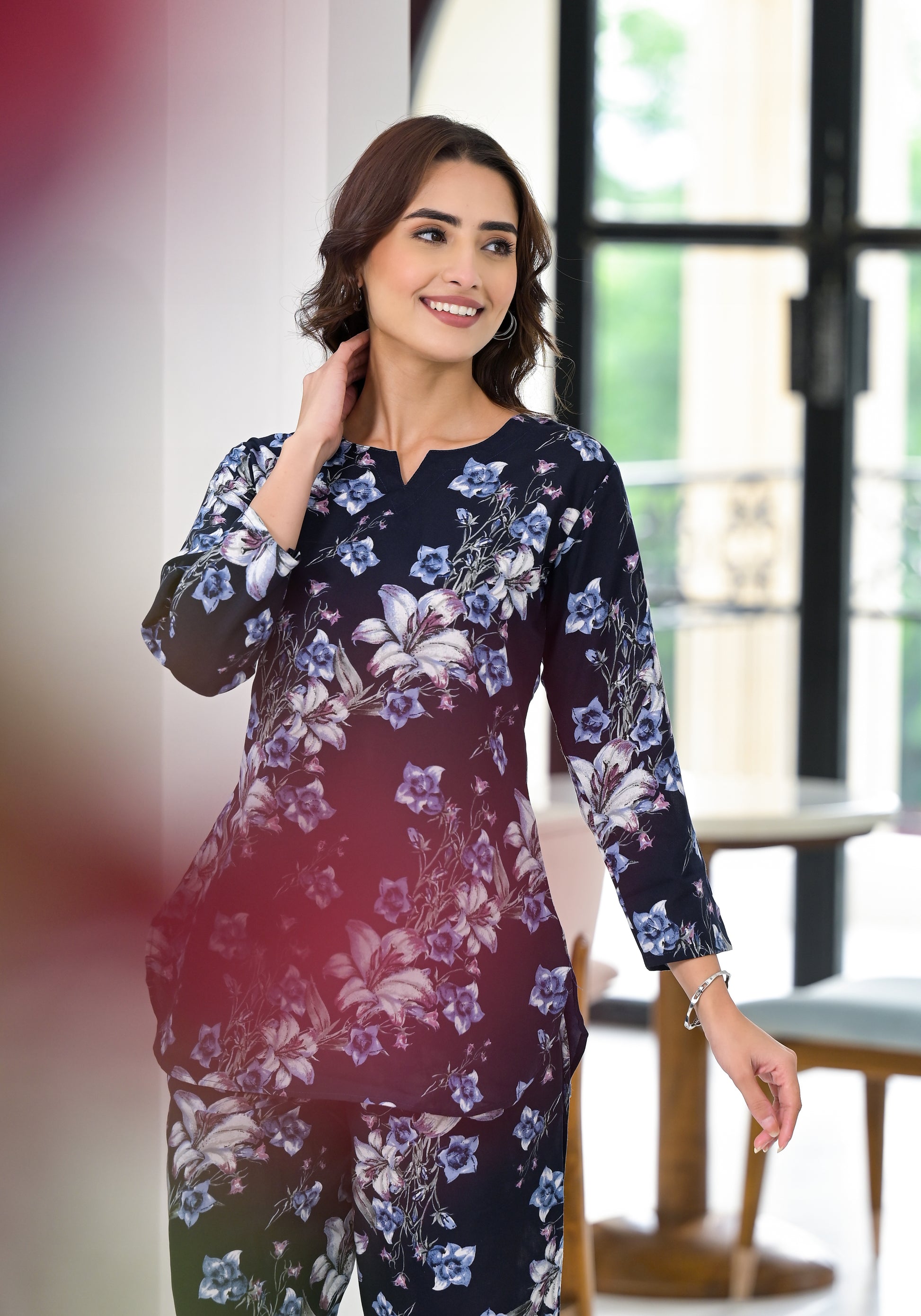 Ethnic Set Floral Printed Navy Blue Co-ord Set - Ethnic Set