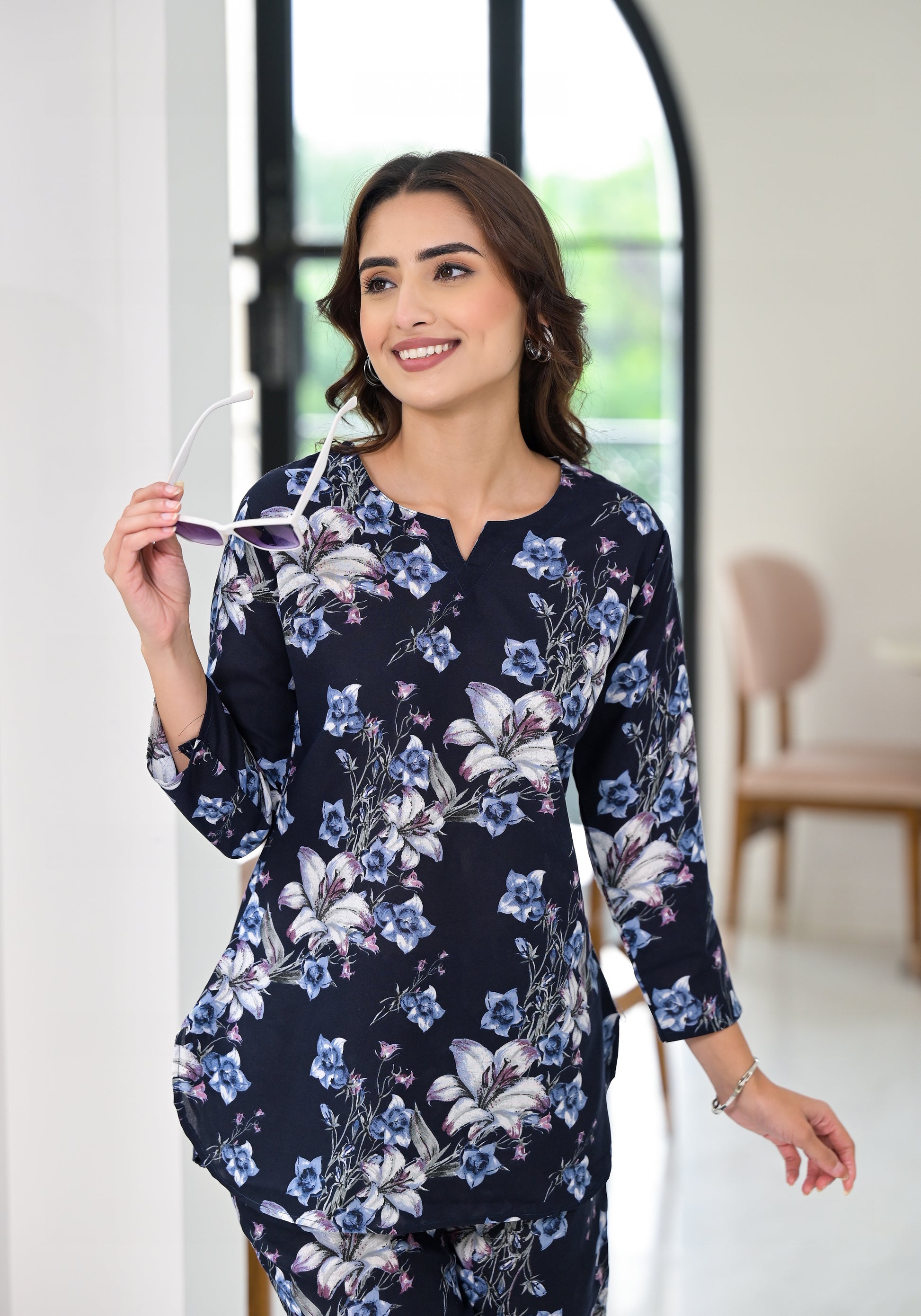 Ethnic Set Floral Printed Navy Blue Co-ord Set - Ethnic Set