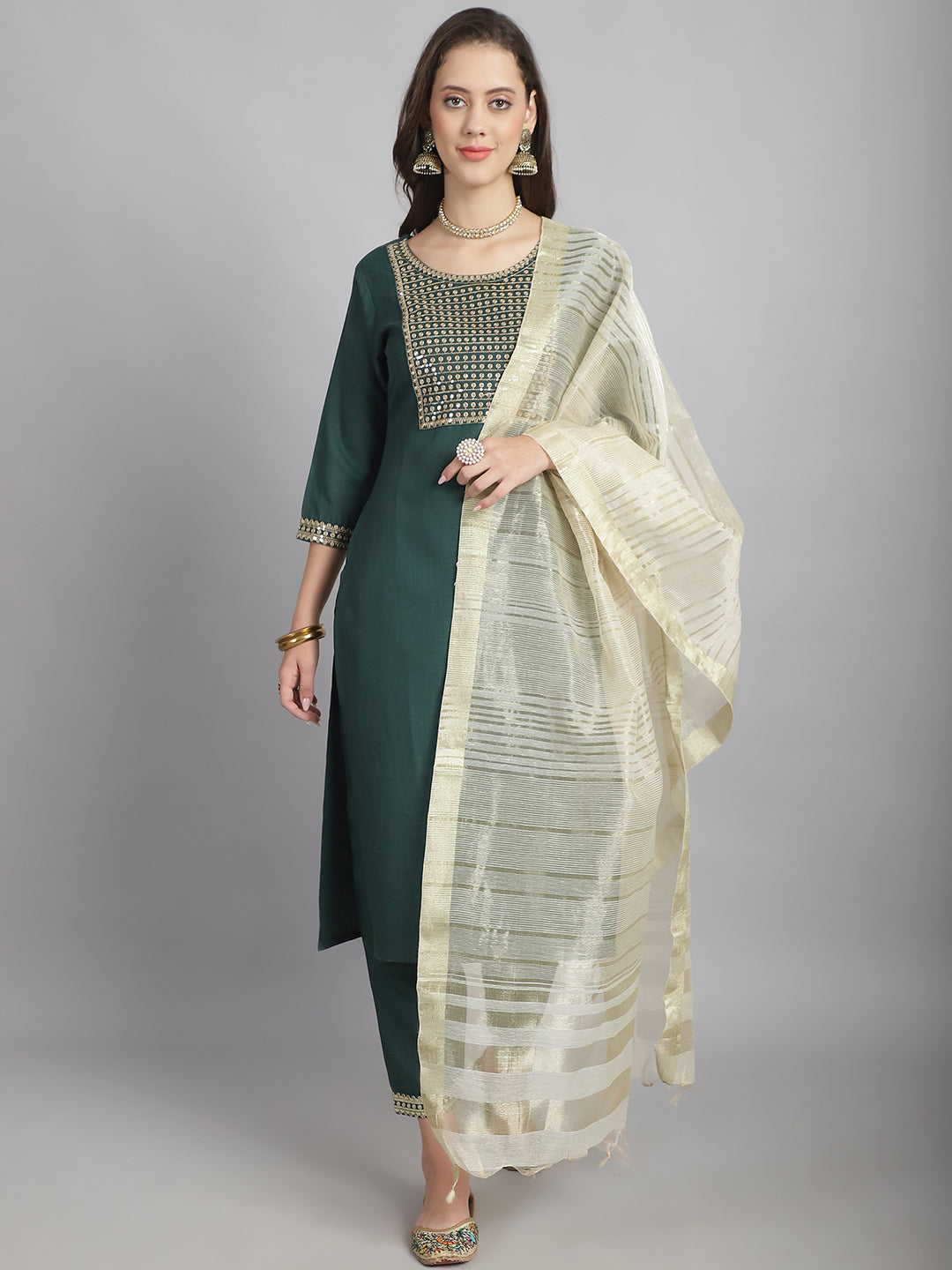 Ethnic Set Women Sequence work Straight Kurta and Pant set with Dupatta - Ethnic Set