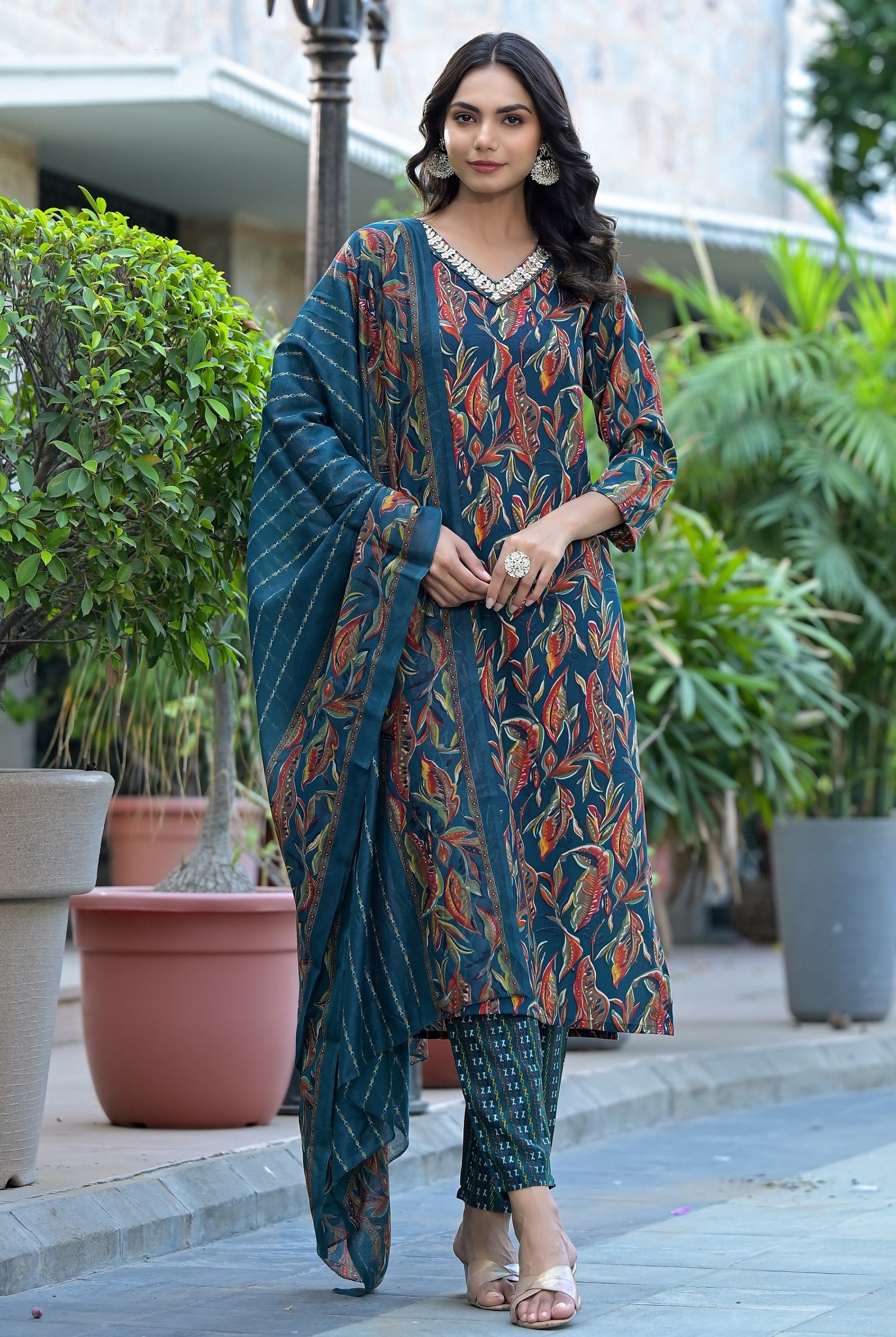 Ethnic Set Women  Embroidery A-Line Kurta and Pant set with Dupatta - Ethnic Set