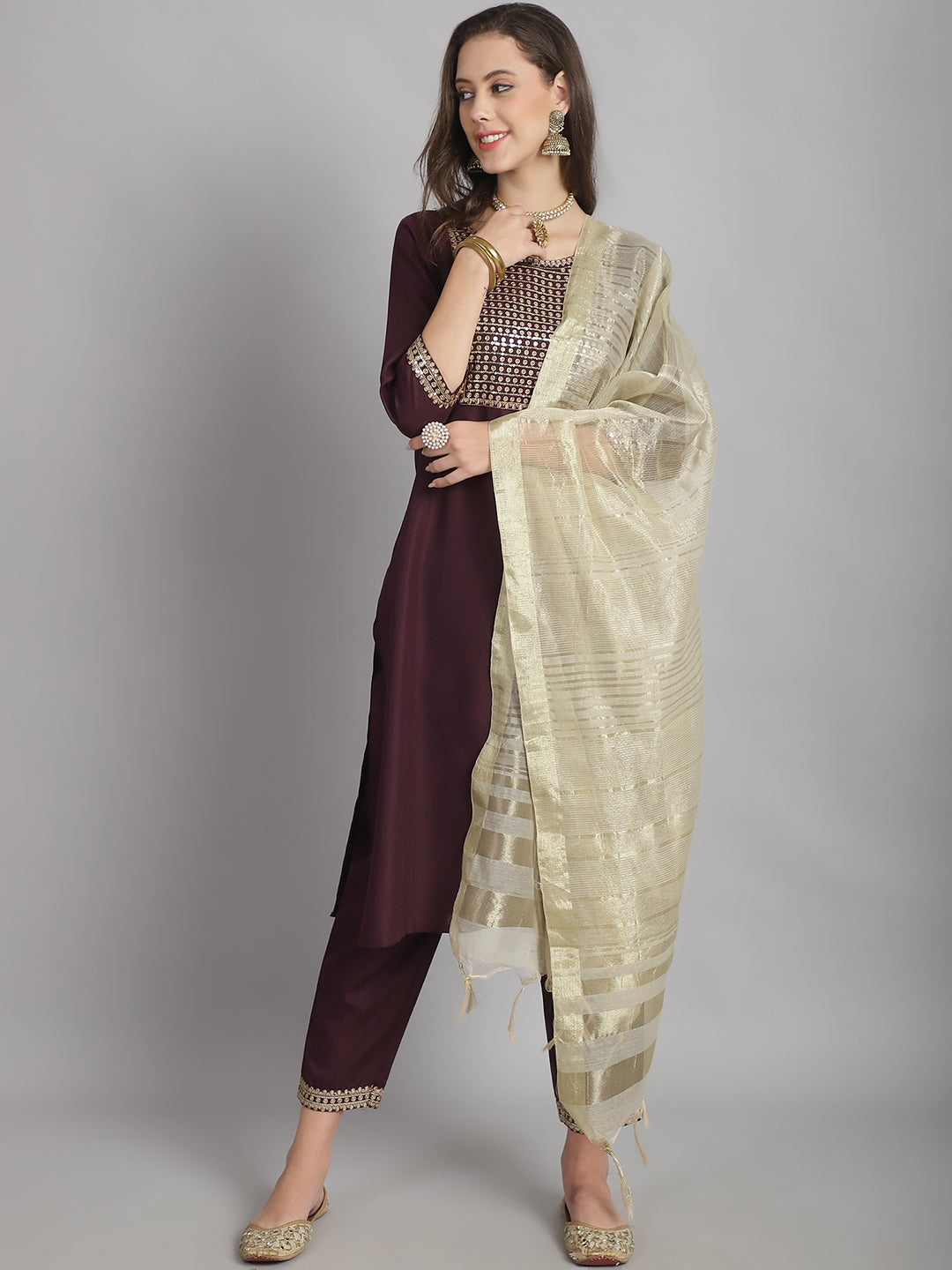 Ethnic Set Women Embroidery Straight Kurta and Pant set with Dupatta - Ethnic Set