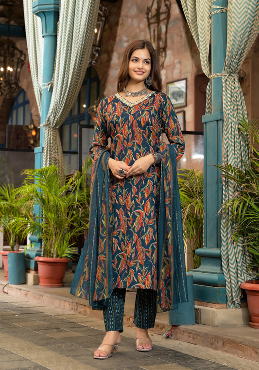 Ethnic Set Women  Embroidery A-Line Kurta and Pant set with Dupatta - Ethnic Set