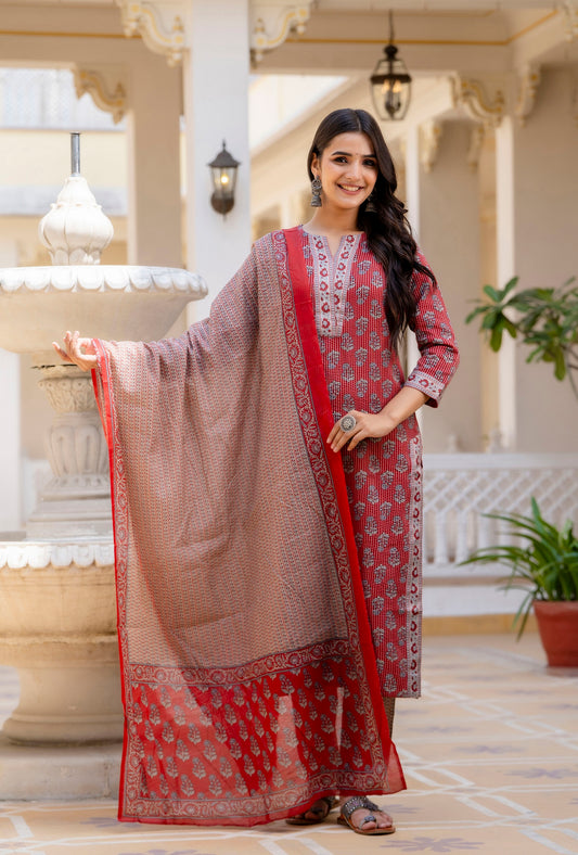 Ethnic Set Women Printed Straight Red Kurta and Pant set with Dupatta