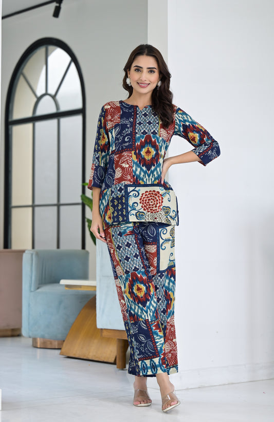 Ethnic Set Women  Printed Blue Co-ord Set - Ethnic Set