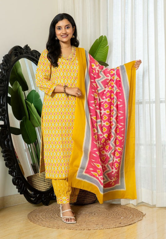 Ethnic Set Women Embroidery Straight Kurta and Pant set with Dupatta - Ethnic Set