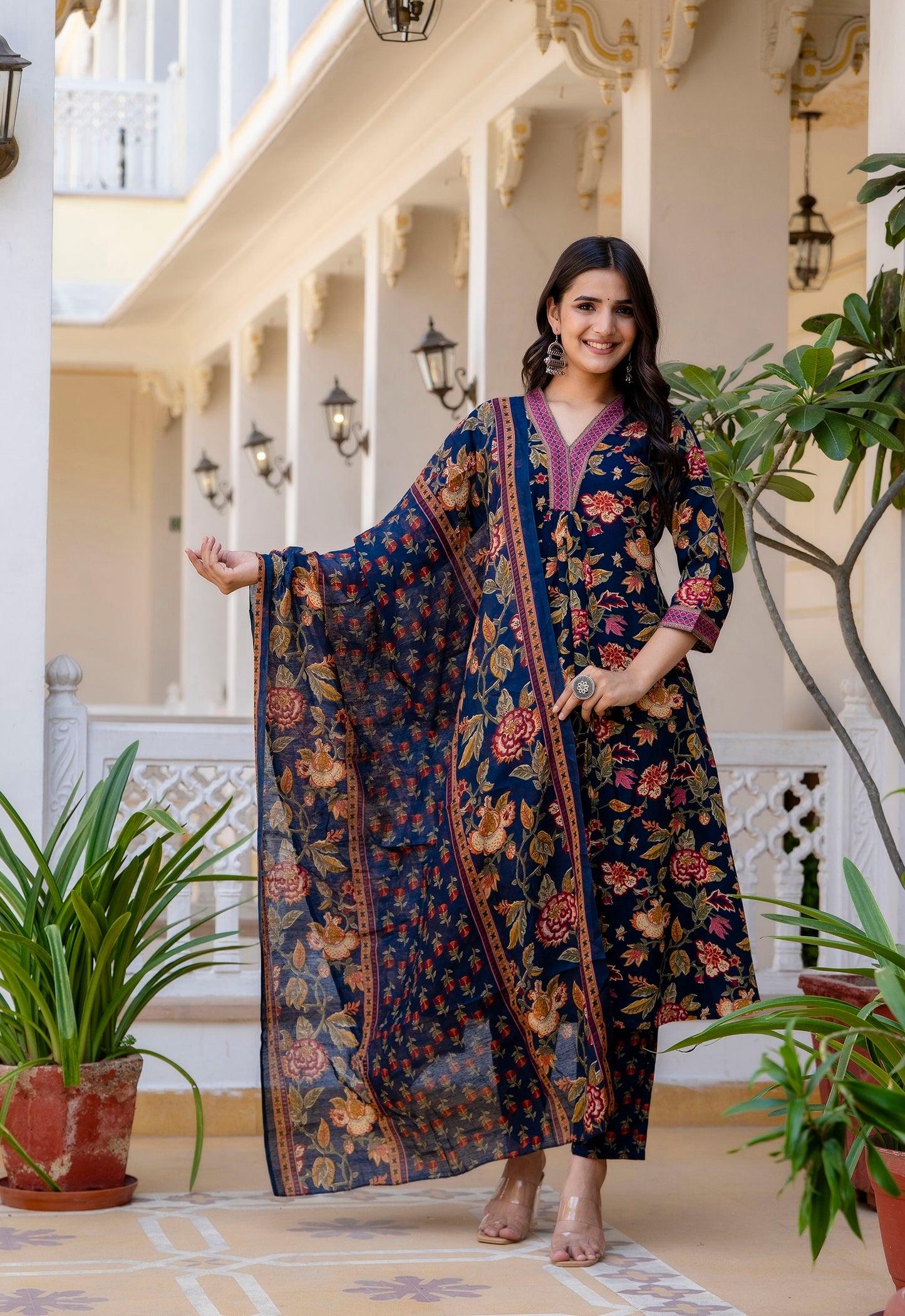 Ethnic Set Women Printed A-Line Kurta and Pant set with Dupatta