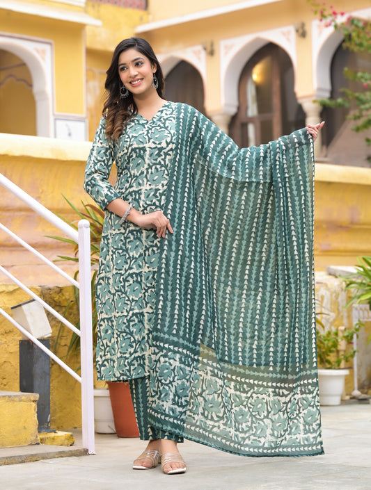 Ehnic Set Women Printed Straight Kurta and Pant set with Dupatta - Ethnic Set