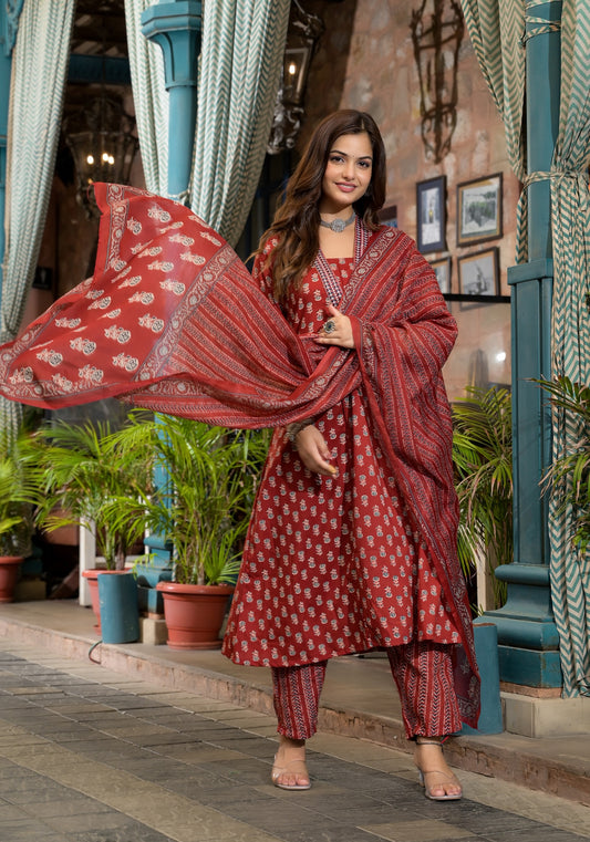 Ethnic Set Women Embroidery A-Line Kurta and Pant set with Dupatta - Ethnic Set