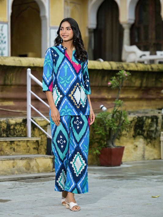 Ethnic Mandarin-Collar Blue Co-ord Set - Ethnic Set