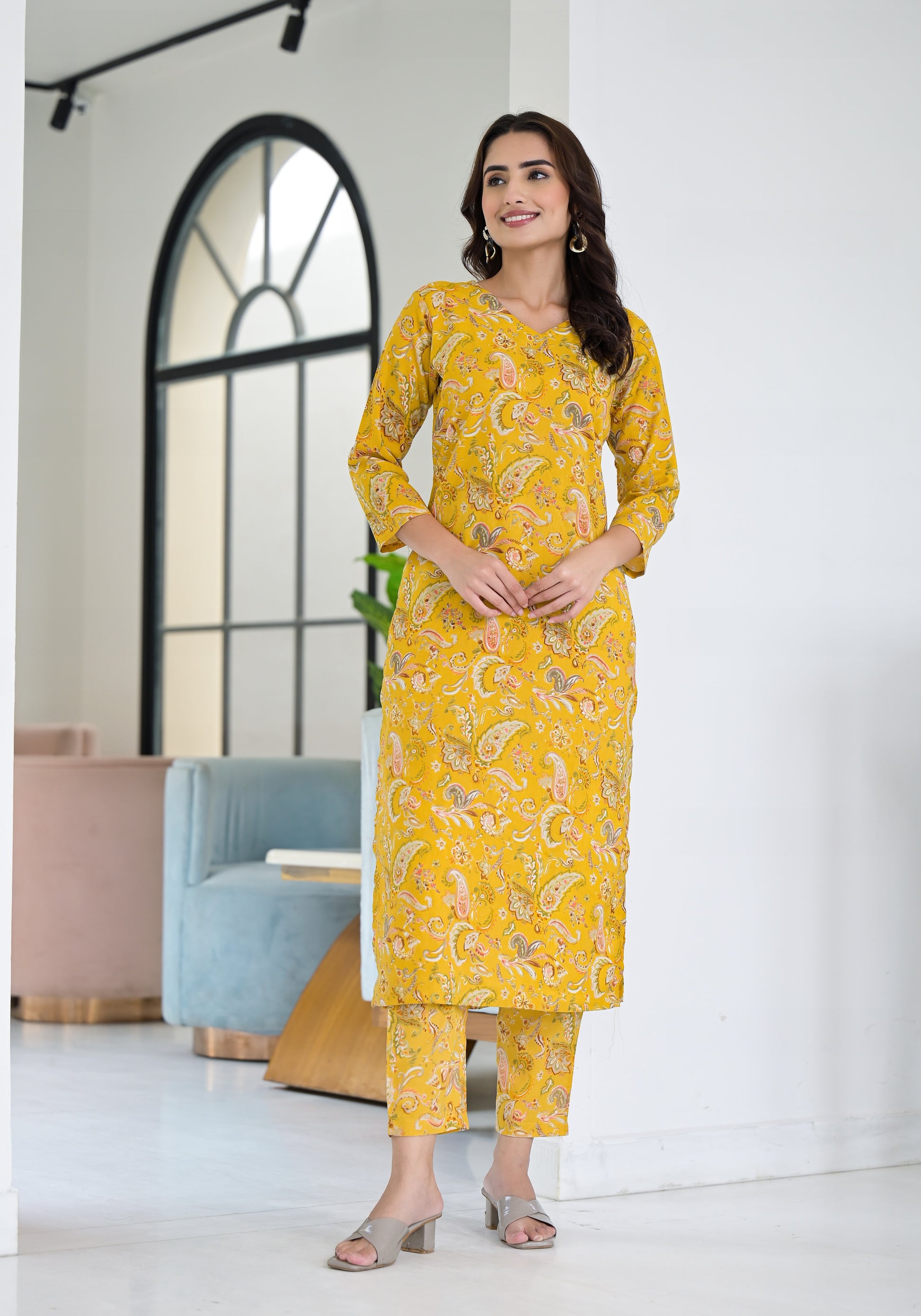 Ethnic Set Floral Printed Yellow Co-ord Set - Ethnic Set