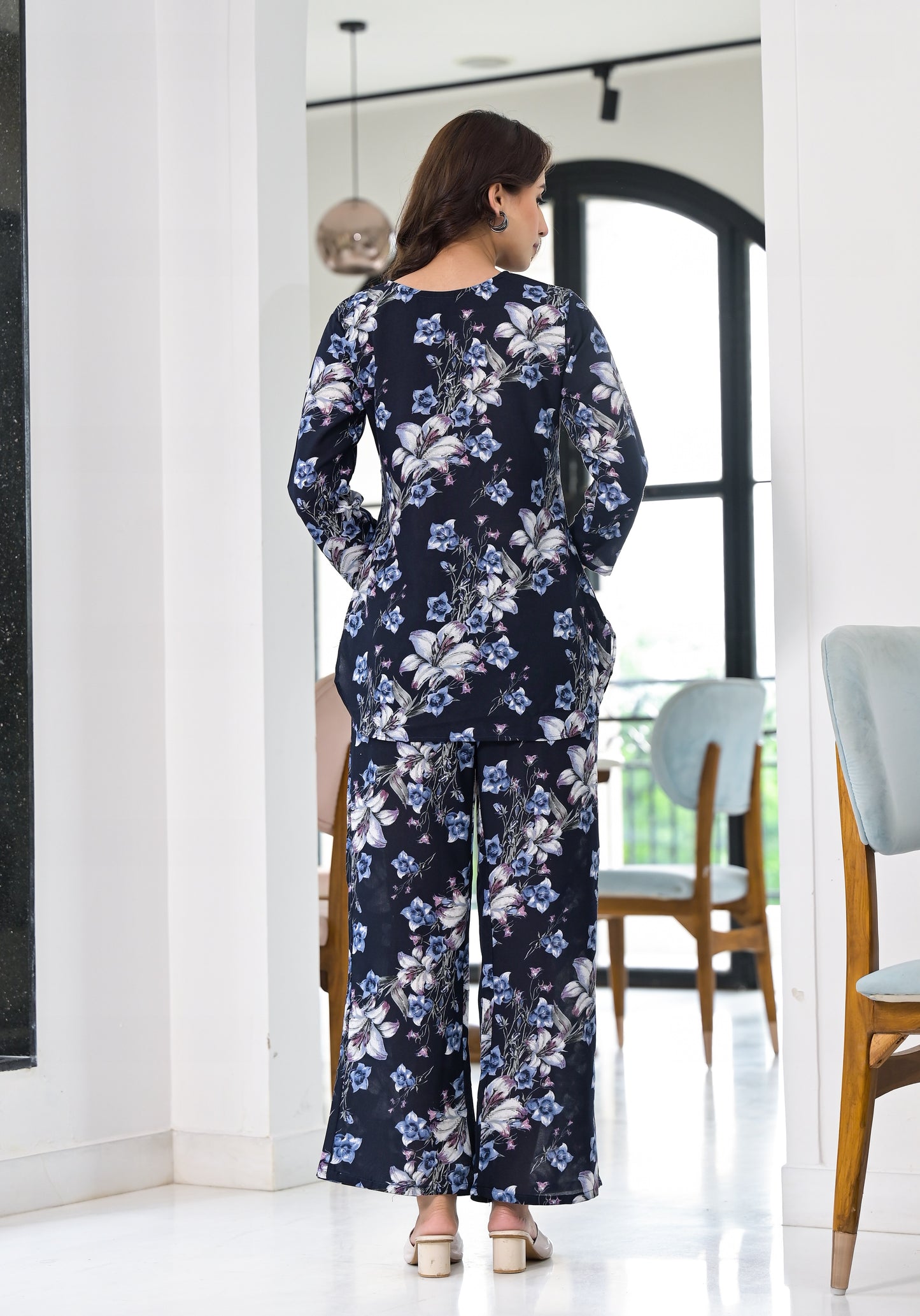 Ethnic Set Floral Printed Navy Blue Co-ord Set - Ethnic Set