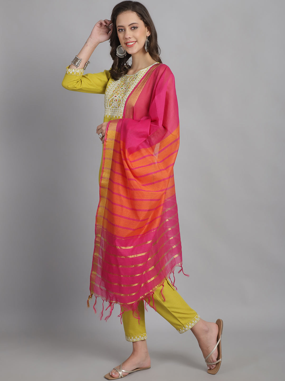 Ethnic Set Women Embroidery Straight Kurta and Pant set with Dupatta - Ethnic Set