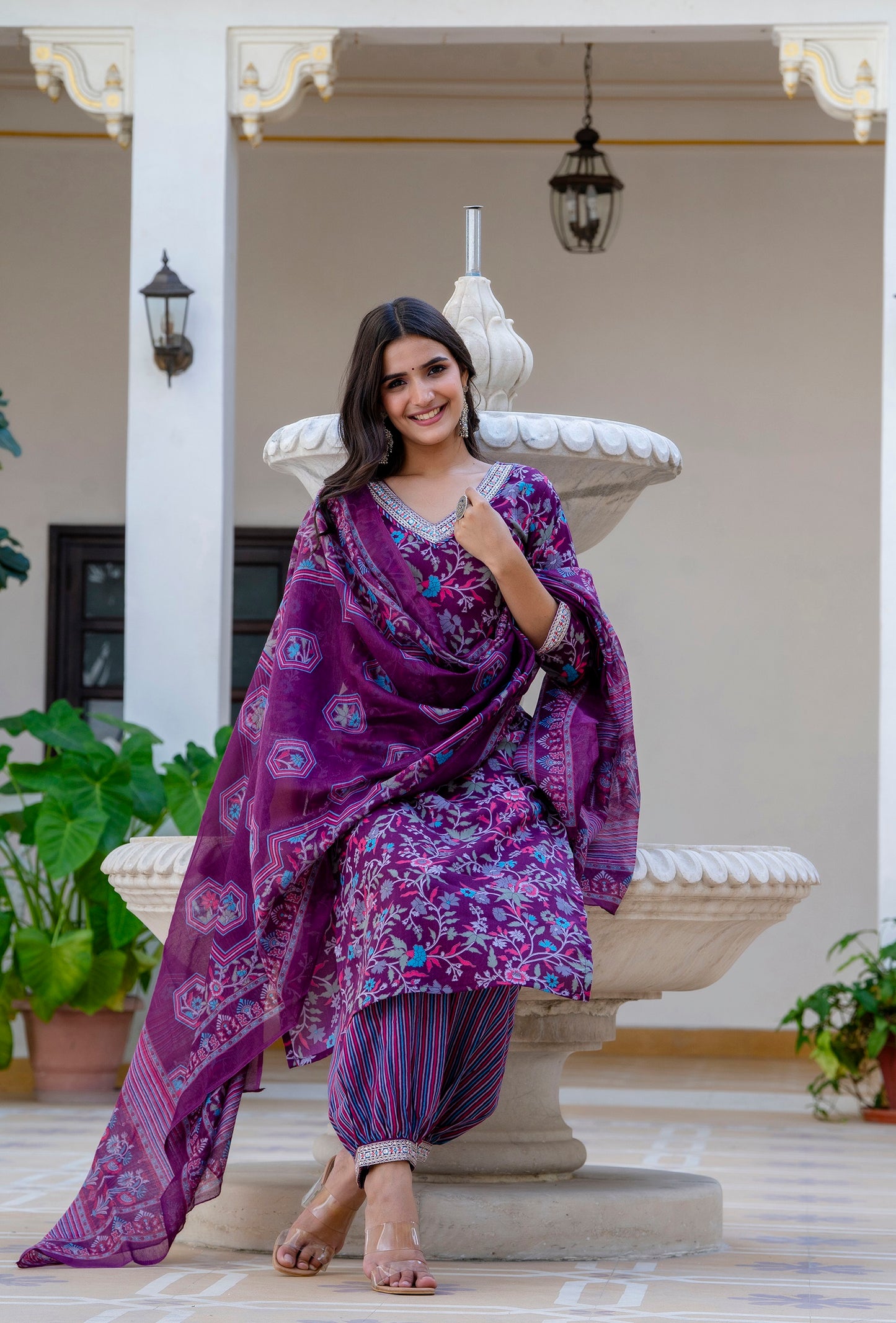 Ethnic Set Women Printed Straight Purple Kurta and Pant set with Dupatta