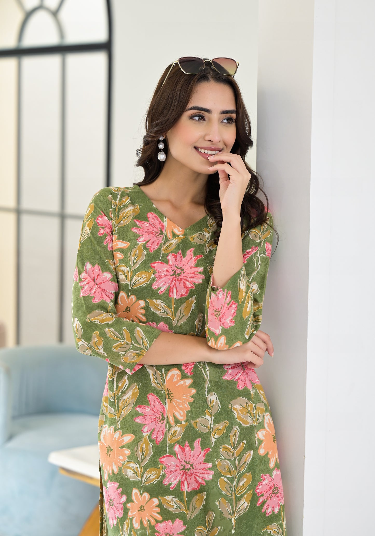 Ethnic Set Floral Printed Green Co-ord Set