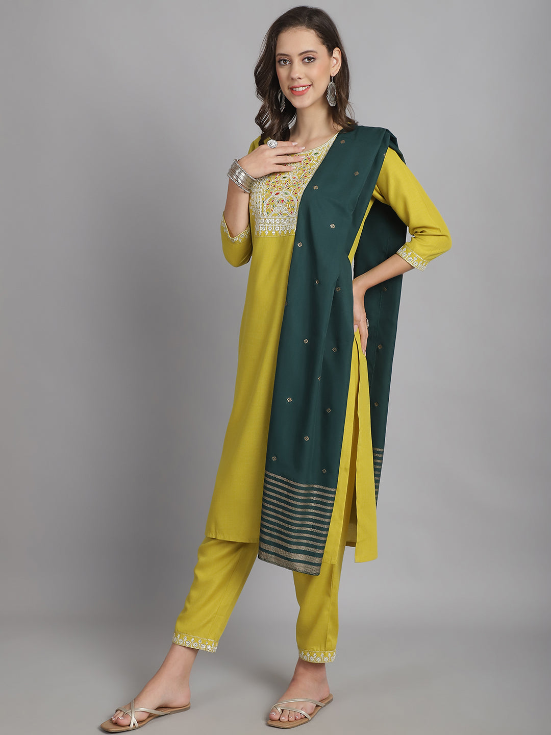 Ethnic Set Women Embroidery Straight Kurta and Pant set with Dupatta - Ethnic Set