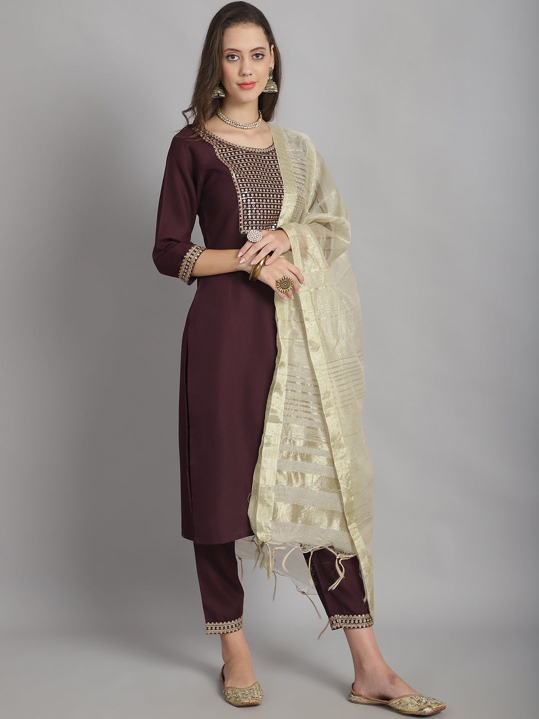 Ethnic Set Women Embroidery Straight Kurta and Pant set with Dupatta - Ethnic Set