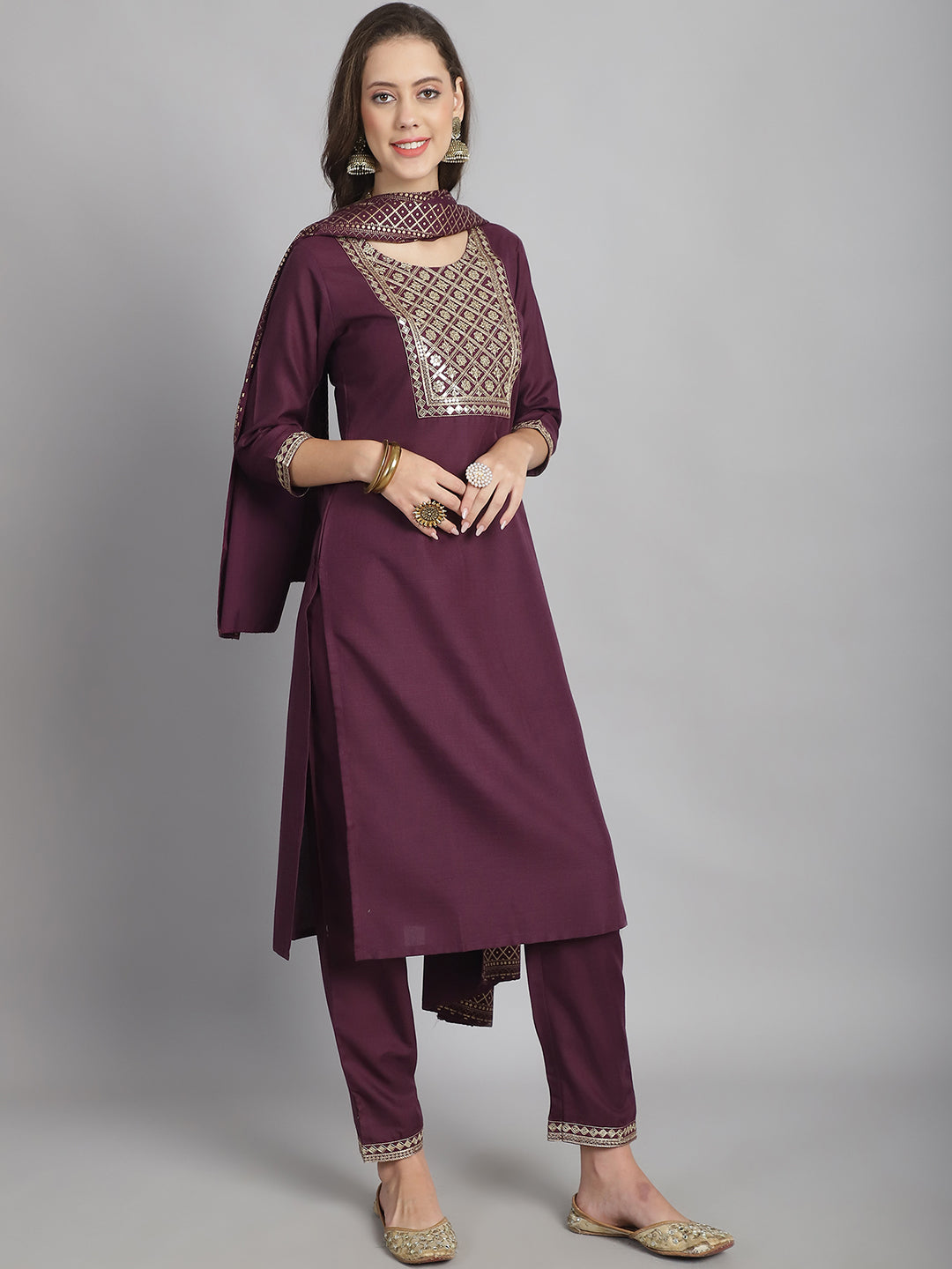 Ethnic Set Women Embroidery Straight Kurta and Pant set with Dupatta - Ethnic Set