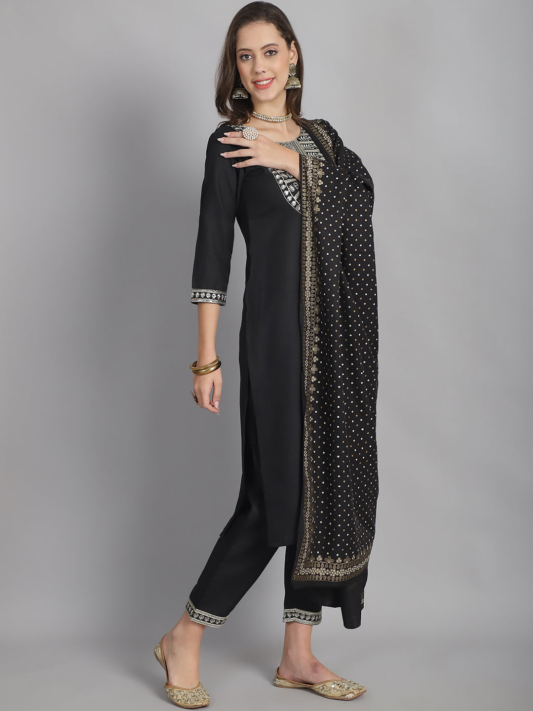 Ethnic Set Women Sequence Printed Straight Kurta and Pant set with Dupatta - Ethnic Set