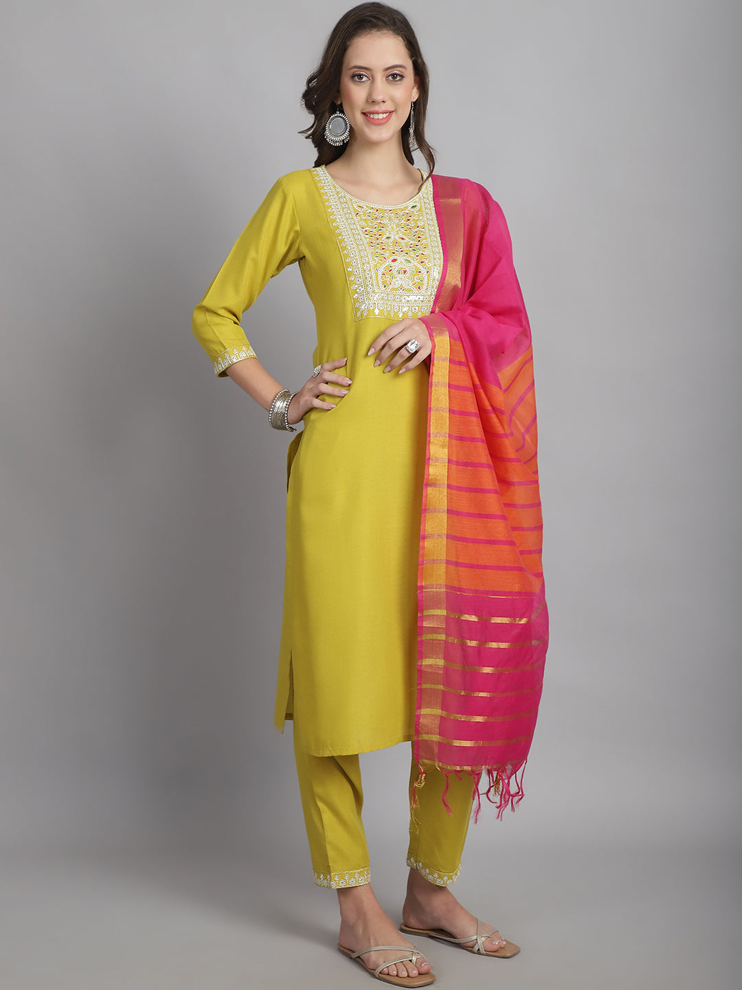 Ethnic Set Women Embroidery Straight Kurta and Pant set with Dupatta - Ethnic Set