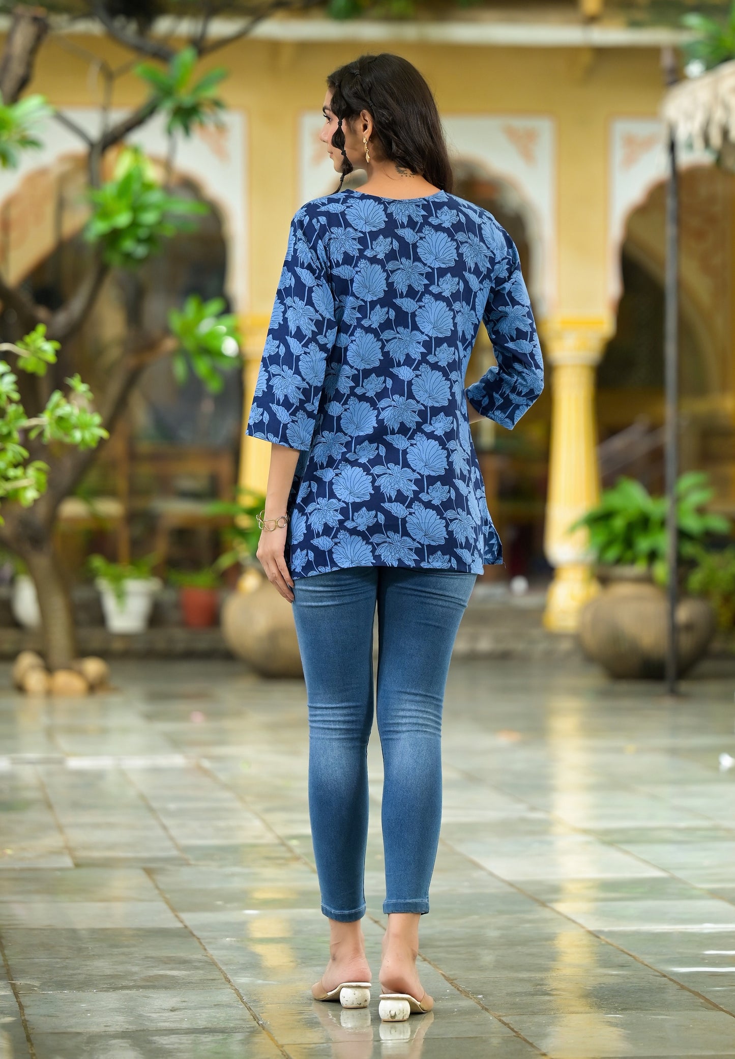 Ethnic Set Floral Printed Straight Blue Kurta