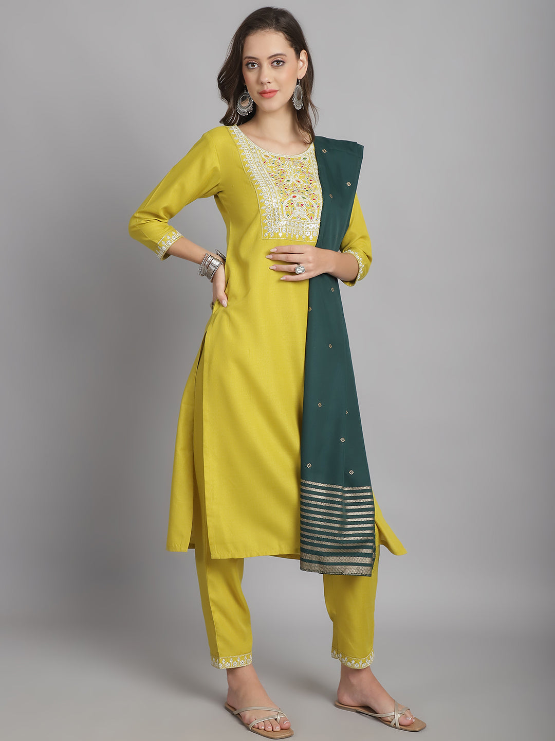 Ethnic Set Women Embroidery Straight Kurta and Pant set with Dupatta - Ethnic Set