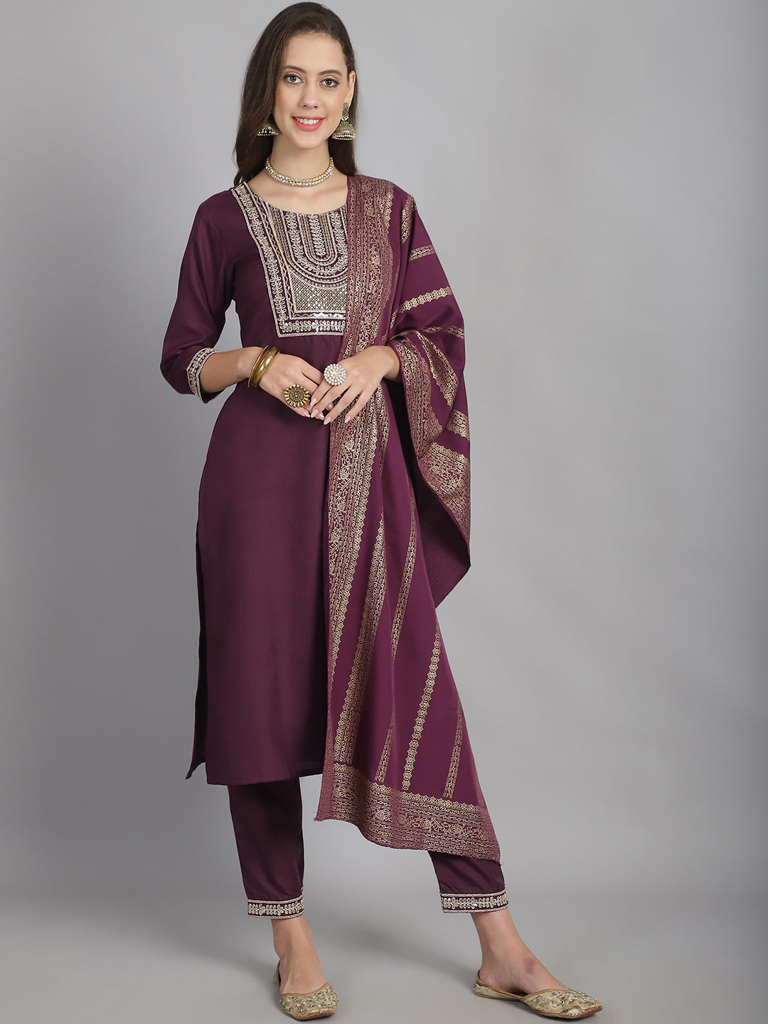 Ethnic Set Women Embroidery Straight Kurta and Pant set with Dupatta - Ethnic Set