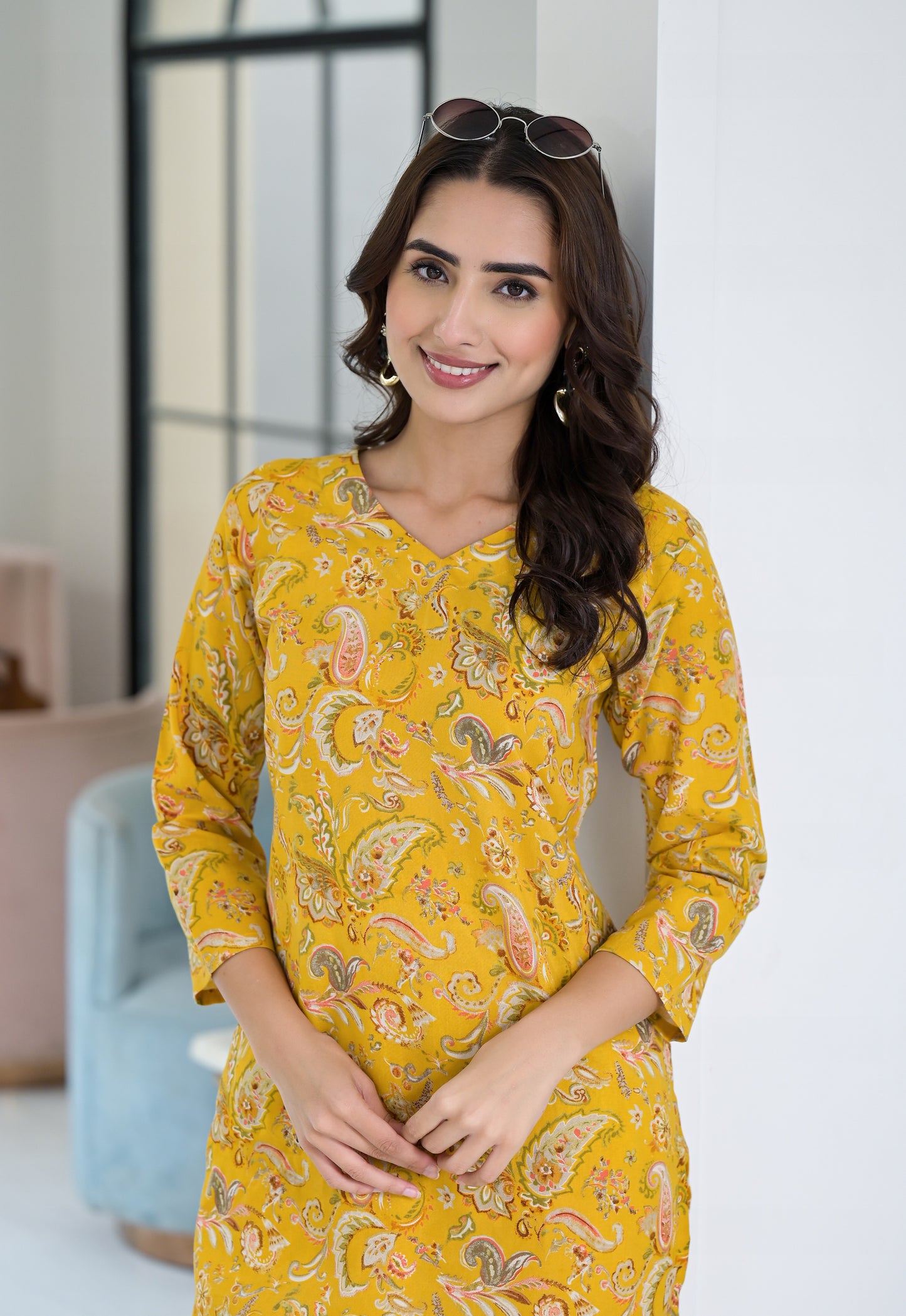 Ethnic Set Floral Printed Yellow Co-ord Set - Ethnic Set