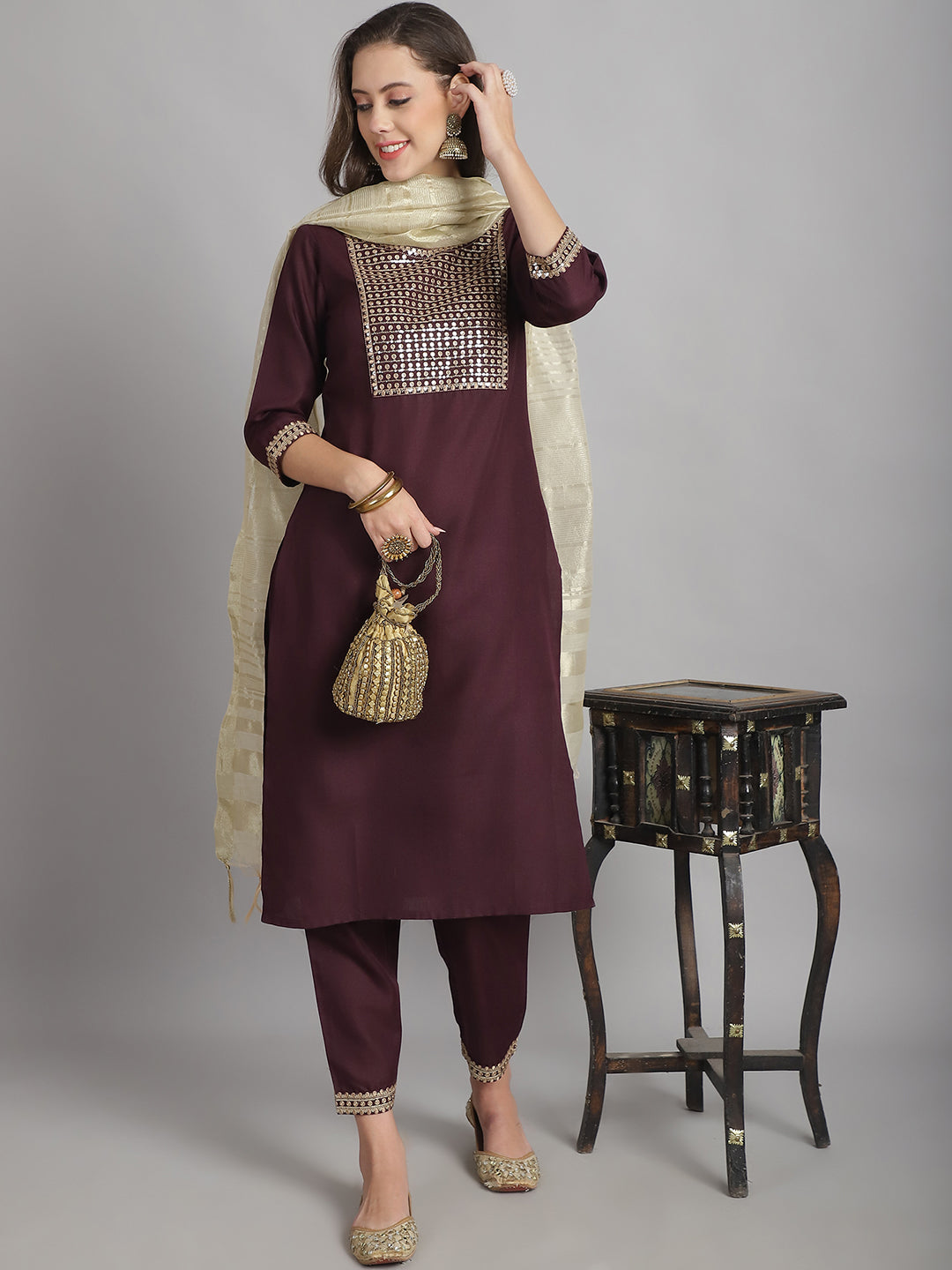 Ethnic Set Women Embroidery Straight Kurta and Pant set with Dupatta - Ethnic Set