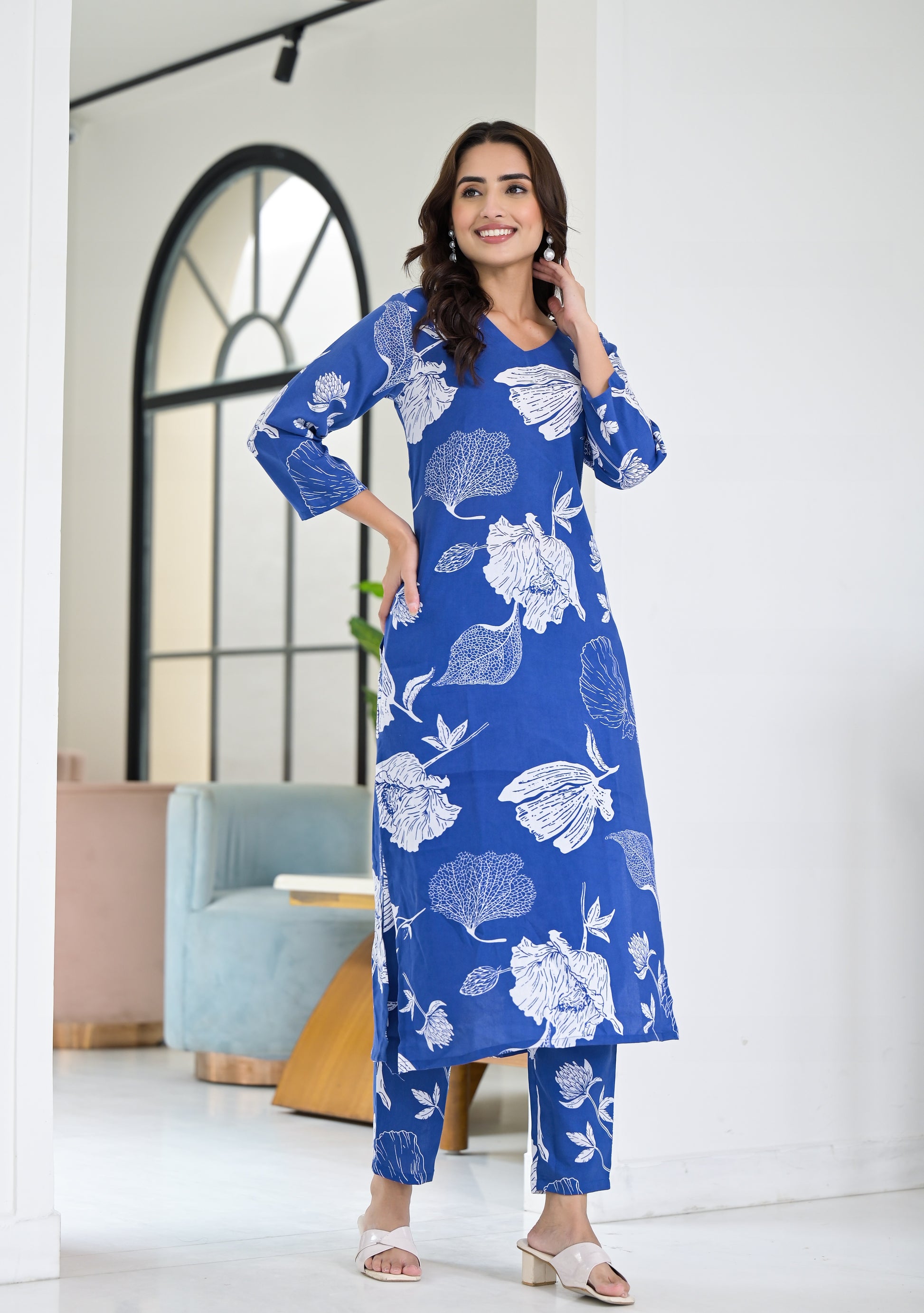 Ethnic Set Floral Printed Blue Co-ord Set - Ethnic Set