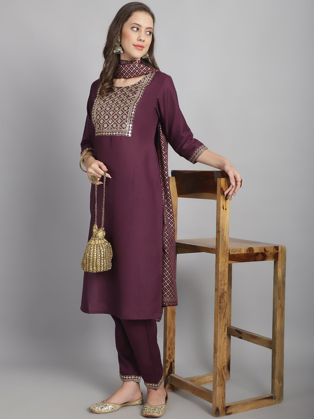 Ethnic Set Women Embroidery Straight Kurta and Pant set with Dupatta - Ethnic Set