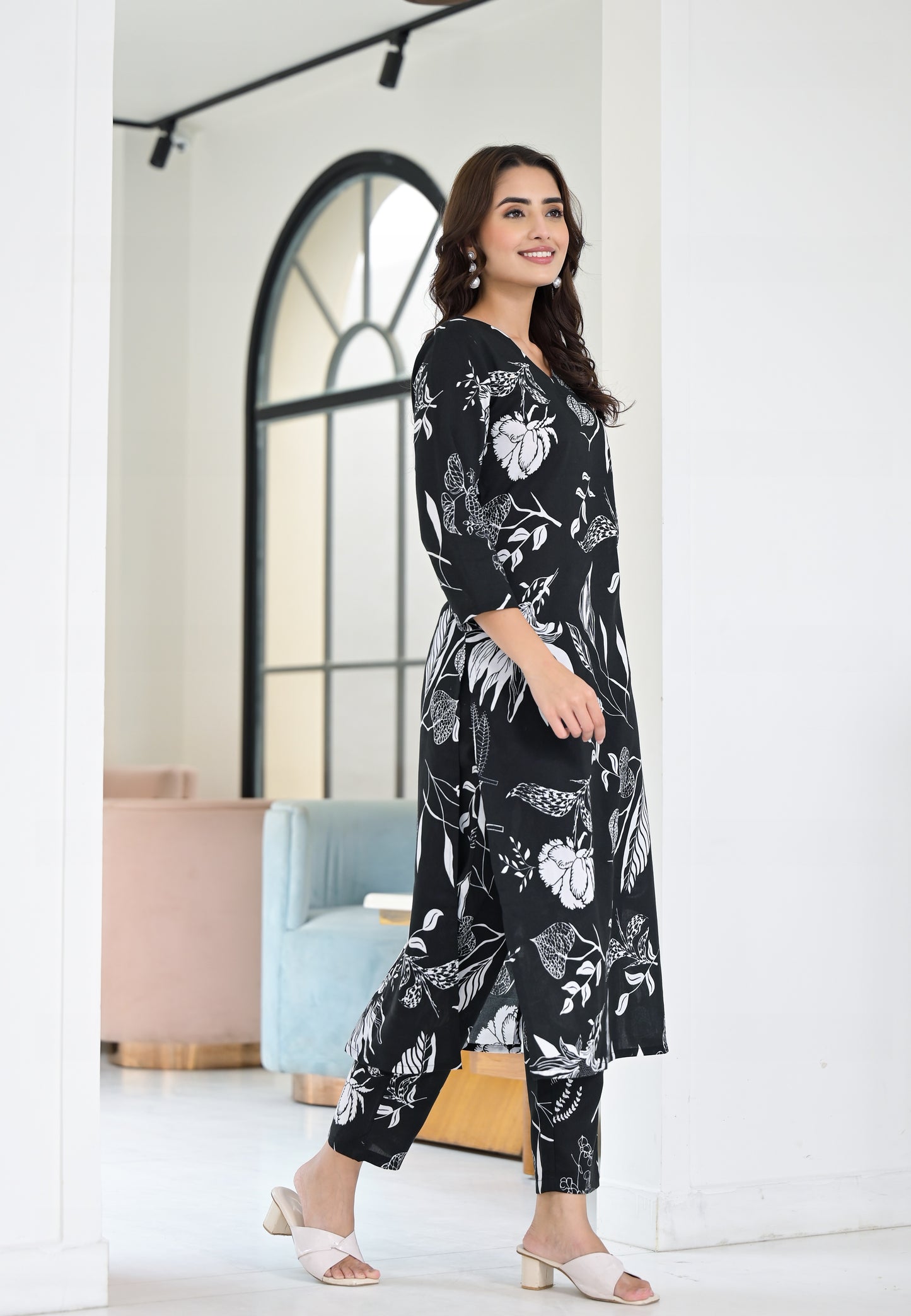 Ethnic Set Floral Printed Black Co-ord Set - Ethnic Set