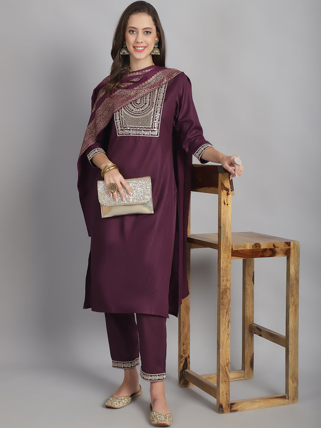 Ethnic Set Women Embroidery Straight Kurta and Pant set with Dupatta - Ethnic Set