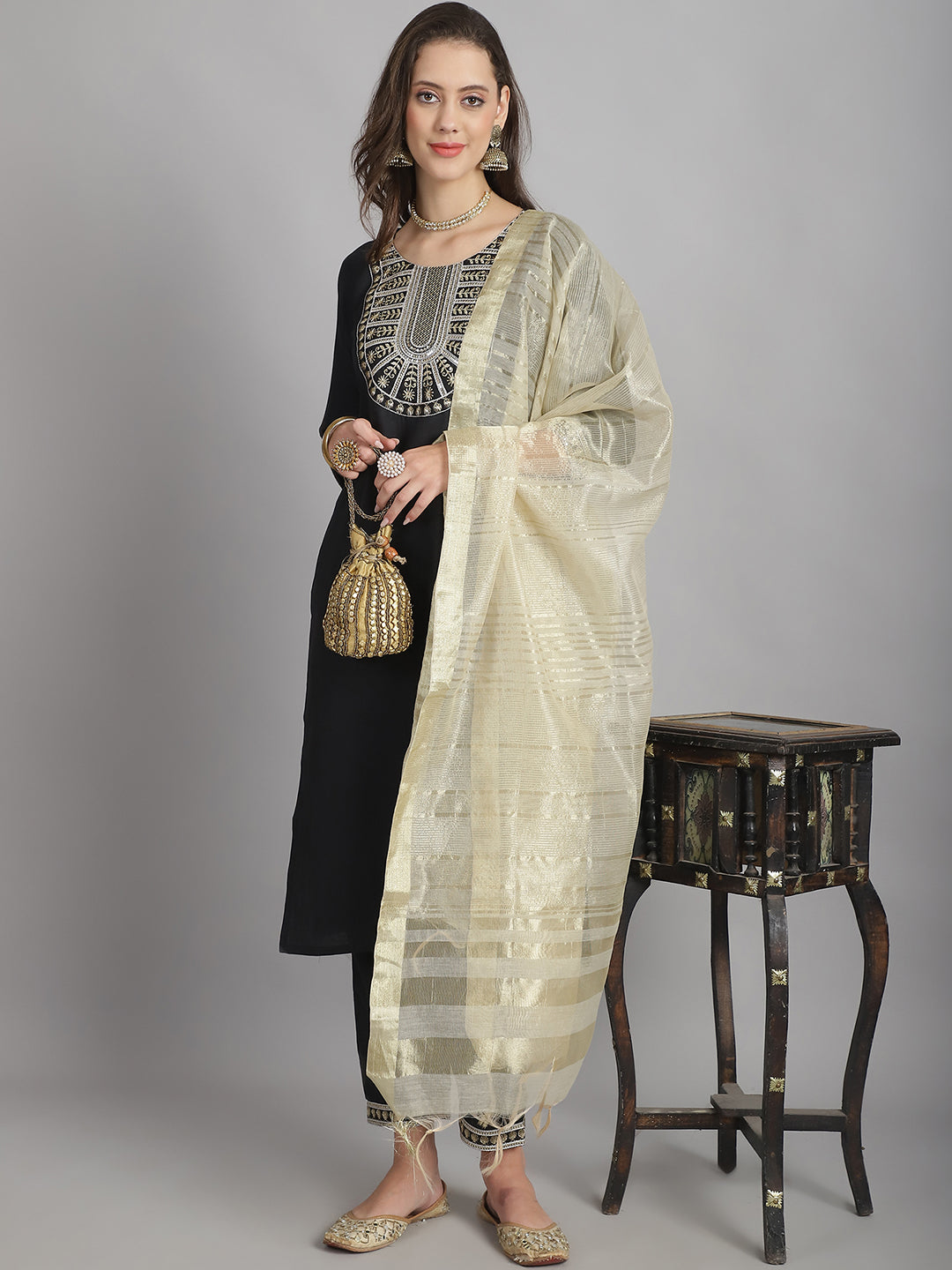 Ethnic Set Women Sequence work  Straight Kurta and Pant set with Dupatta - Ethnic Set