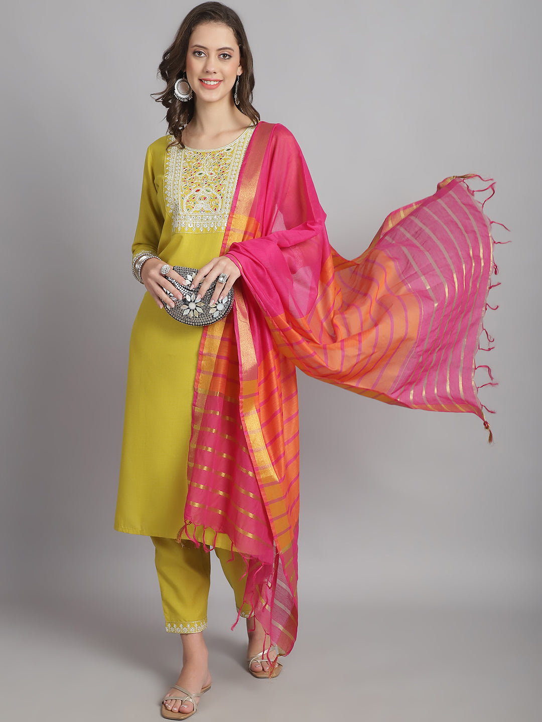 Ethnic Set Women Embroidery Straight Kurta and Pant set with Dupatta - Ethnic Set