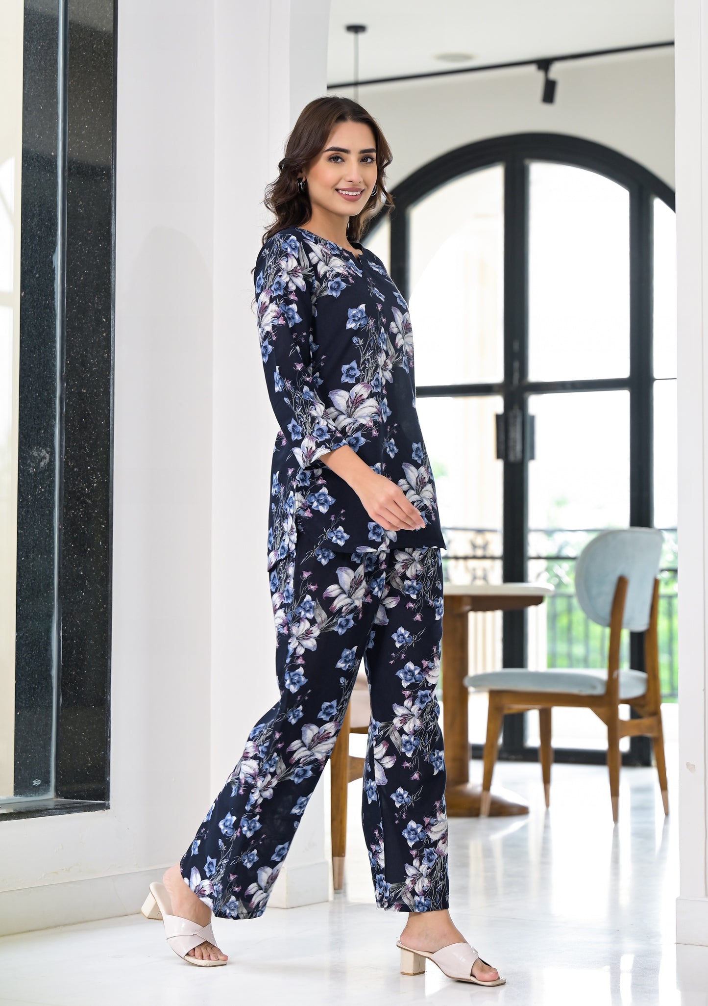 Ethnic Set Floral Printed Navy Blue Co-ord Set - Ethnic Set