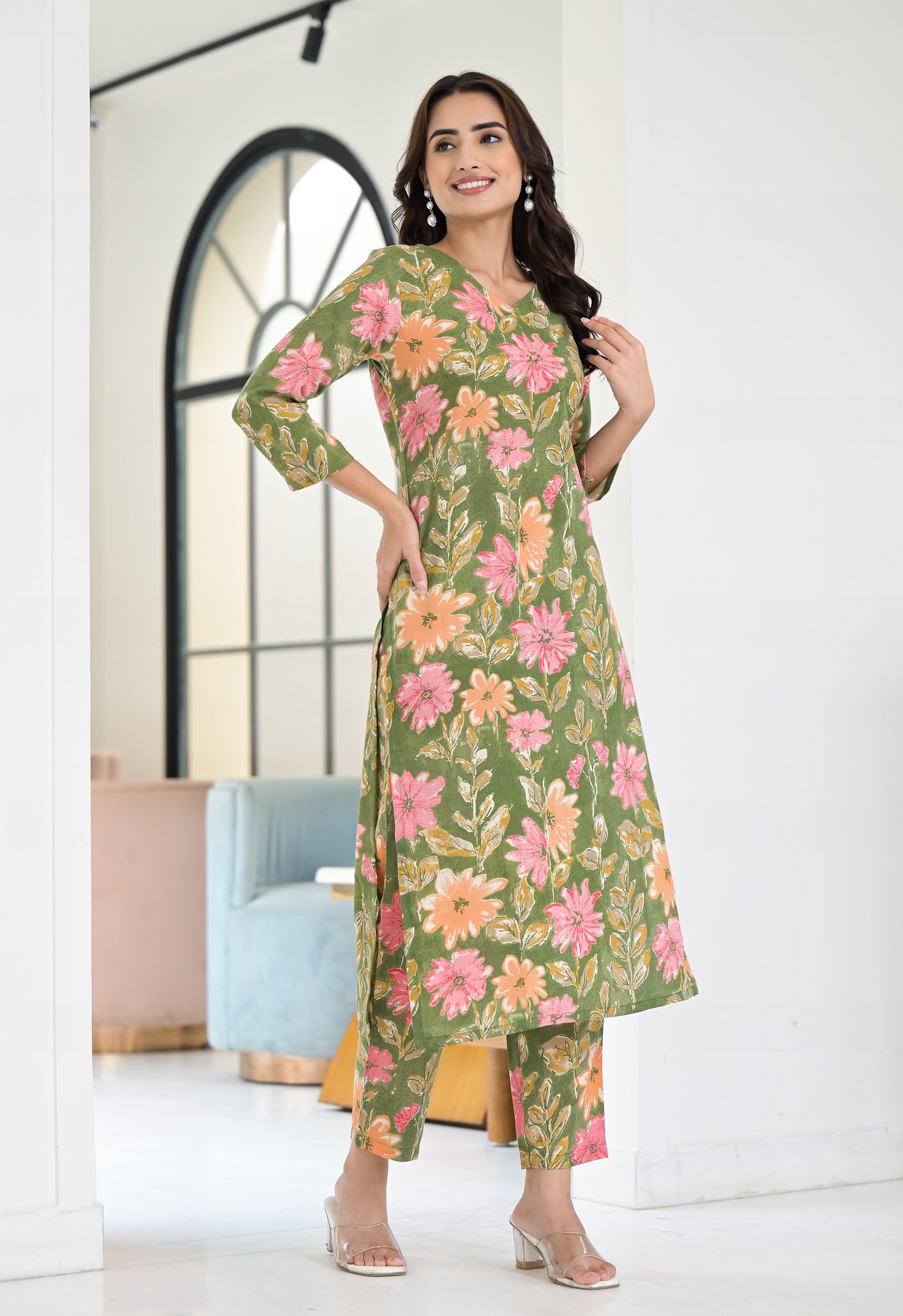 Ethnic Set Floral Printed Green Co-ord Set