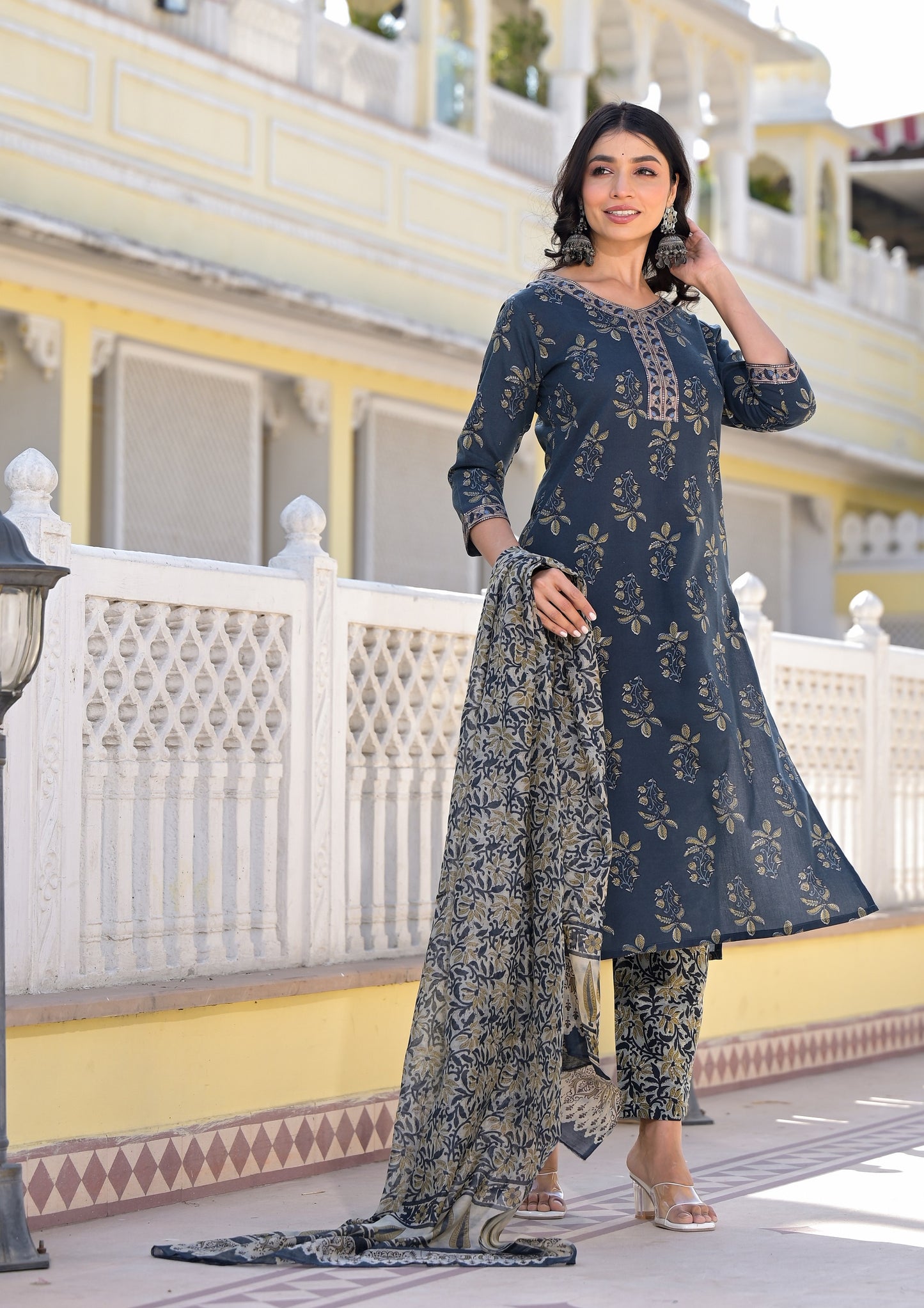 Ethnic Set Women Embroidery Straight Kurta and Pant set with Dupatta - Ethnic Set