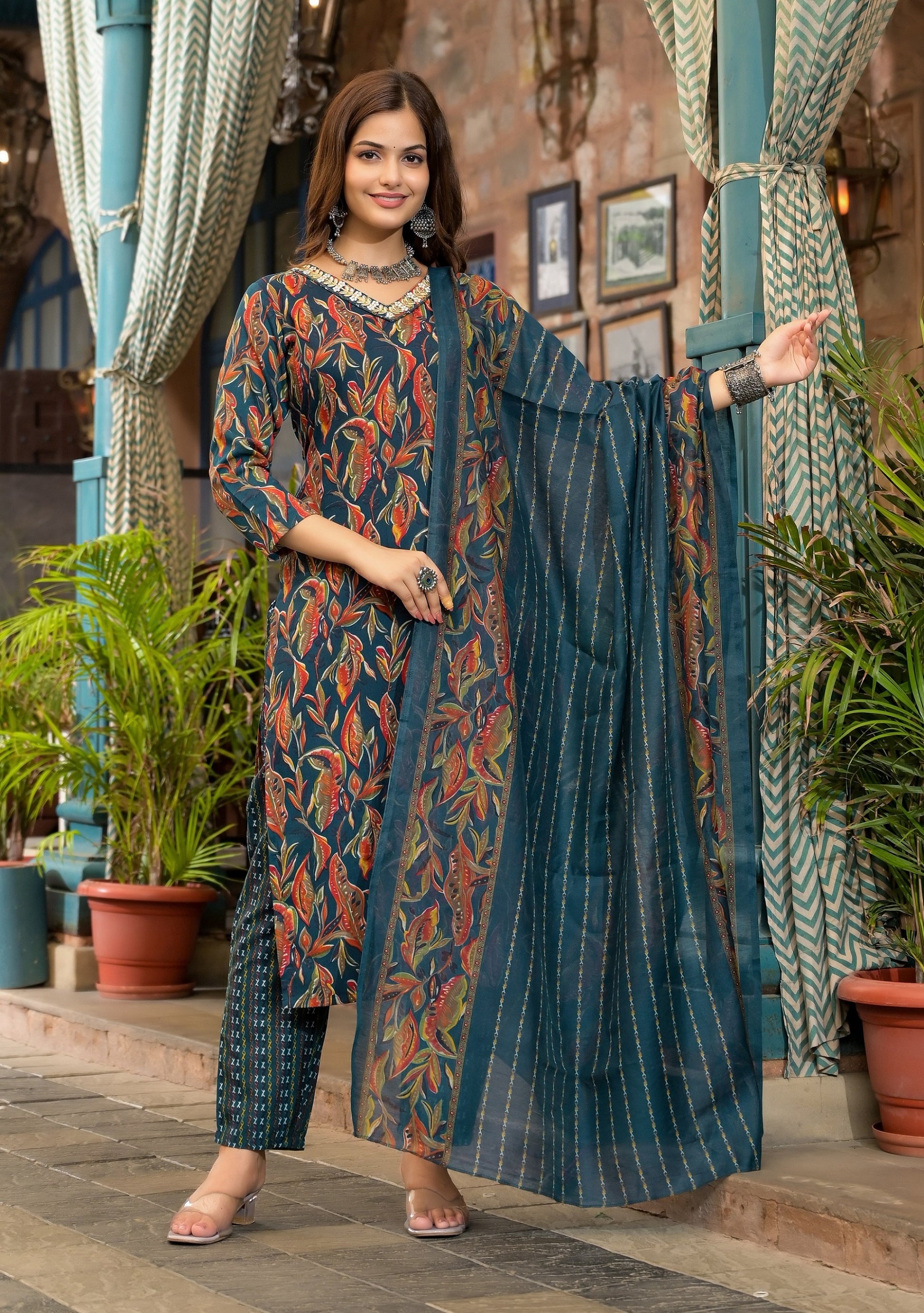 Ethnic Set Women  Embroidery A-Line Kurta and Pant set with Dupatta - Ethnic Set