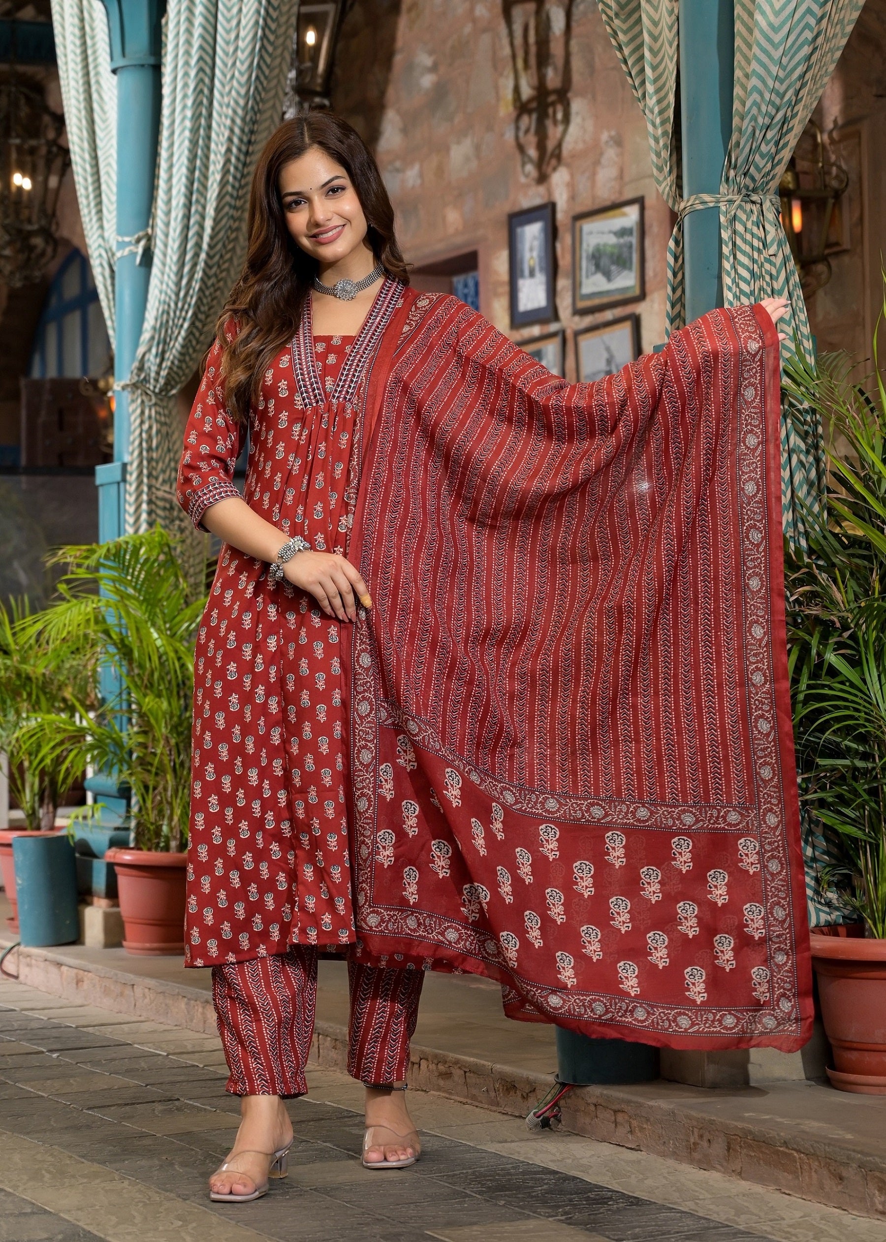 Ethnic Set Women Embroidery A-Line Kurta and Pant set with Dupatta - Ethnic Set