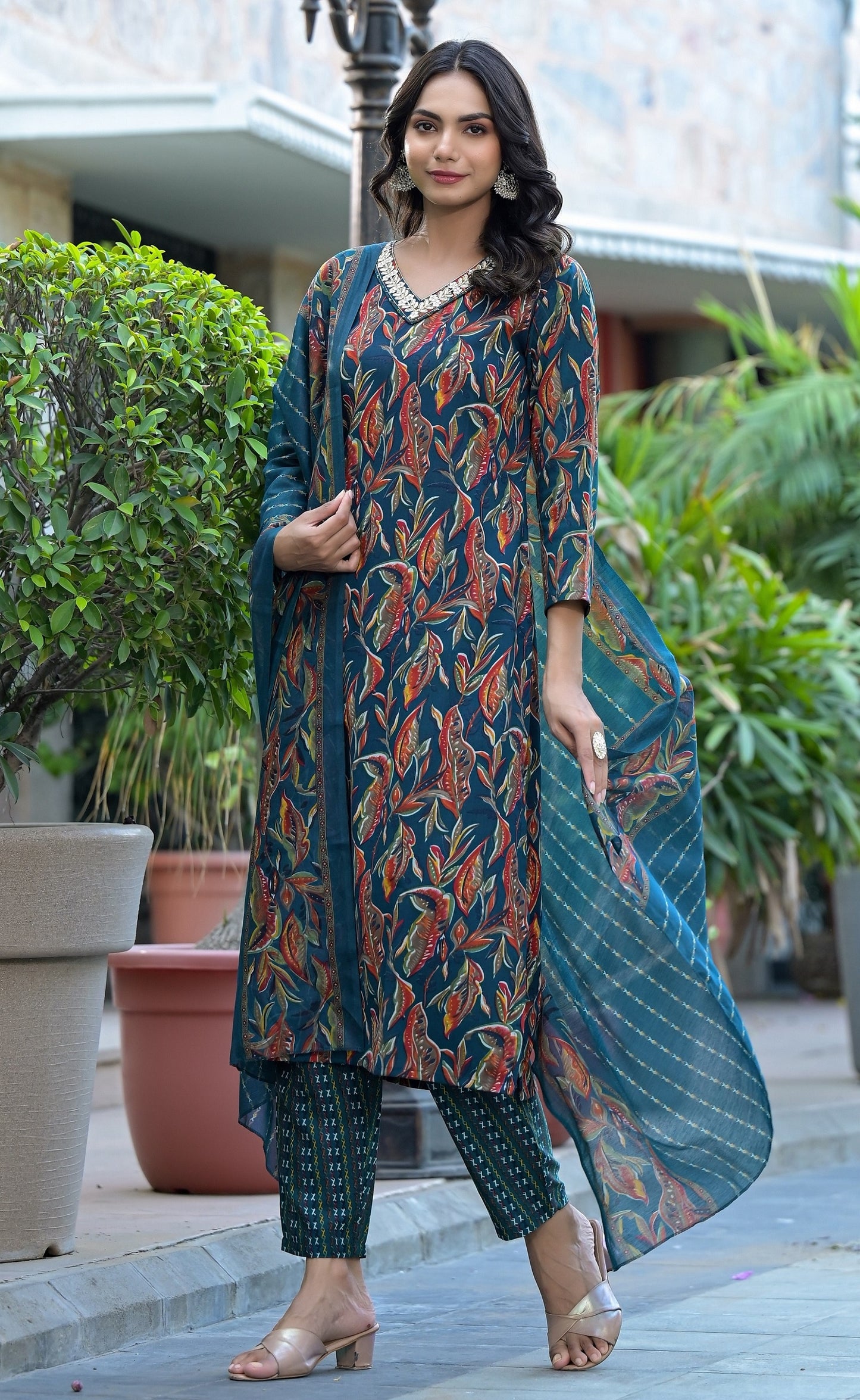 Ethnic Set Women  Embroidery A-Line Kurta and Pant set with Dupatta - Ethnic Set