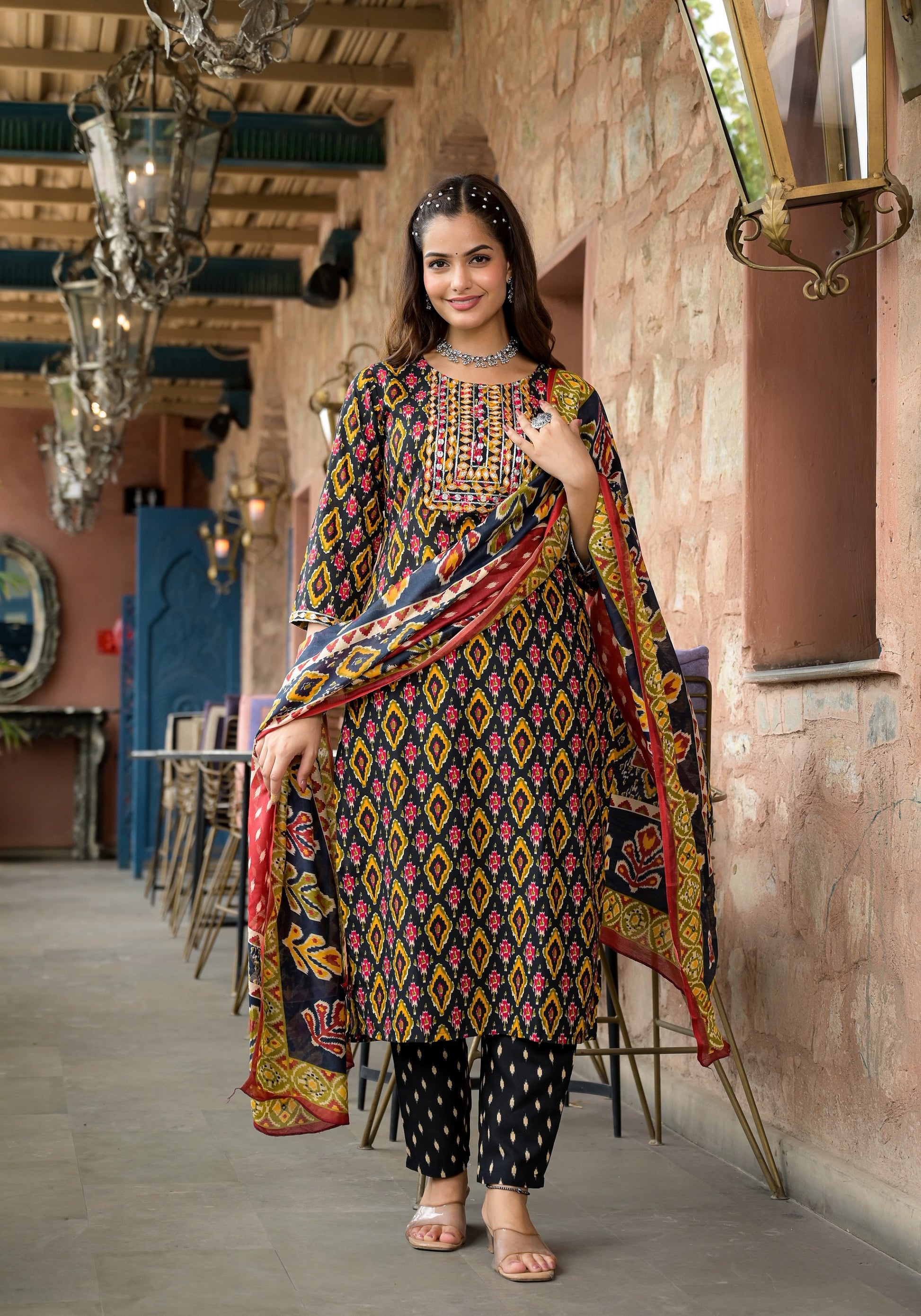 Ethnic Set Women Embroidery Straight Kurta and Pant set with Dupatta - Ethnic Set