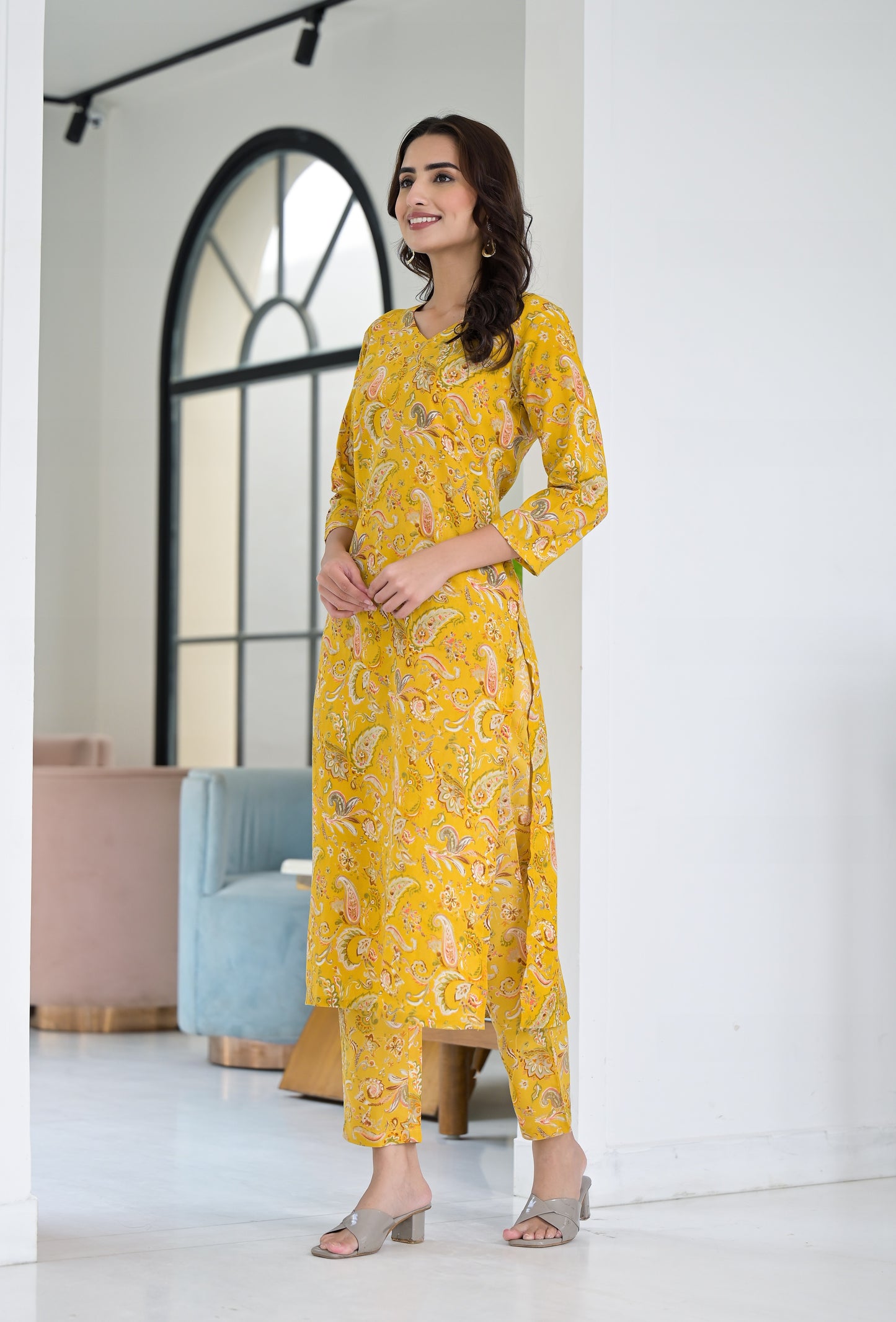 Ethnic Set Floral Printed Yellow Co-ord Set - Ethnic Set