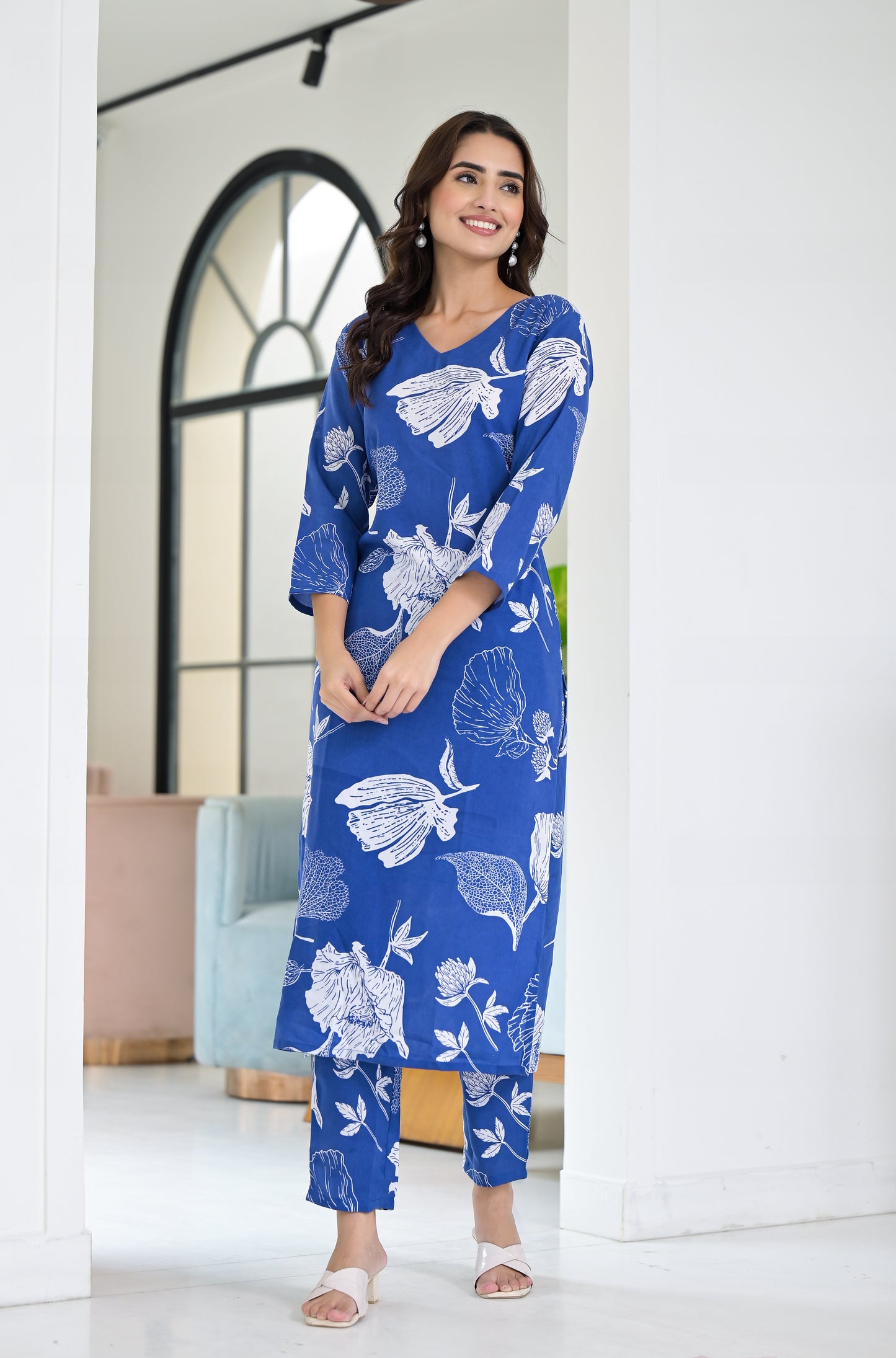 Ethnic Set Floral Printed Blue Co-ord Set - Ethnic Set