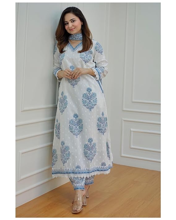 Ehnic Set Women white Printed Straight Kurta and Pant set with Dupatta - Ethnic Set