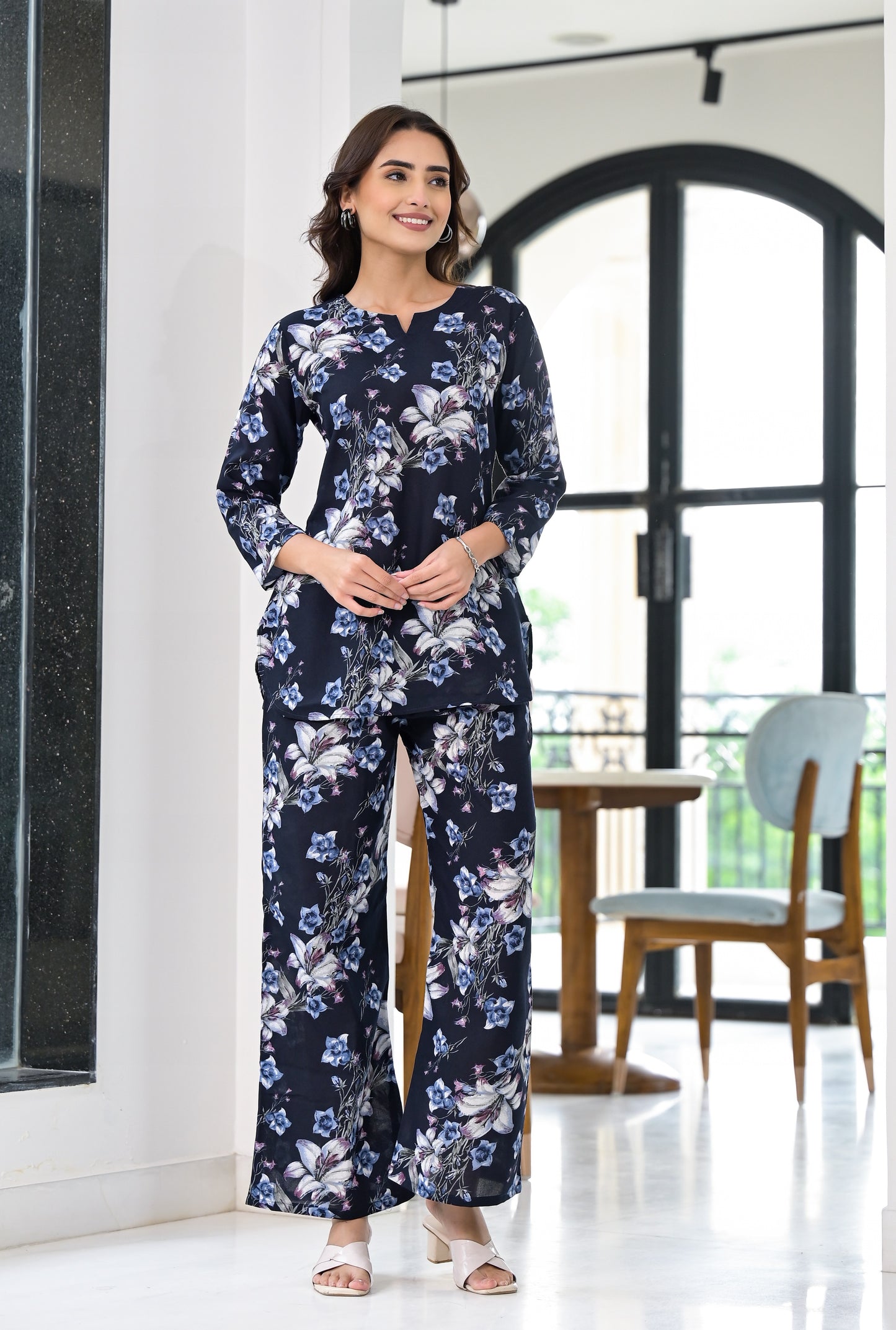 Ethnic Set Floral Printed Navy Blue Co-ord Set - Ethnic Set