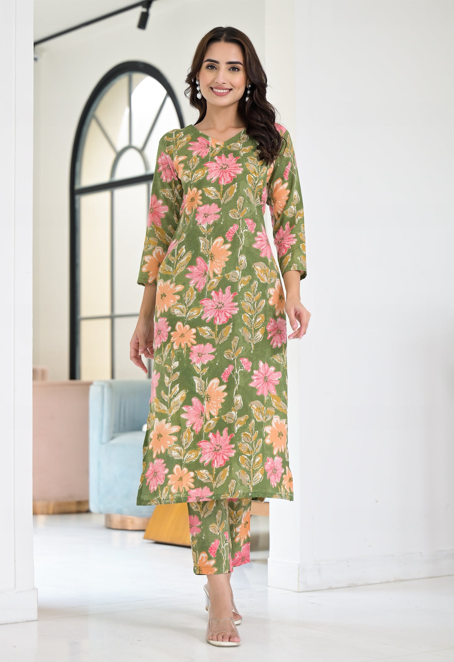 Ethnic Set Floral Printed Green Co-ord Set