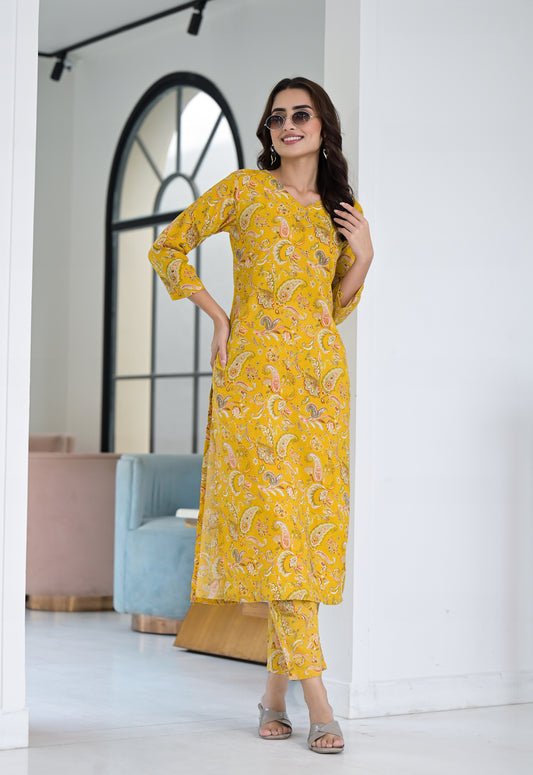 Ethnic Set Floral Printed Yellow Co-ord Set - Ethnic Set