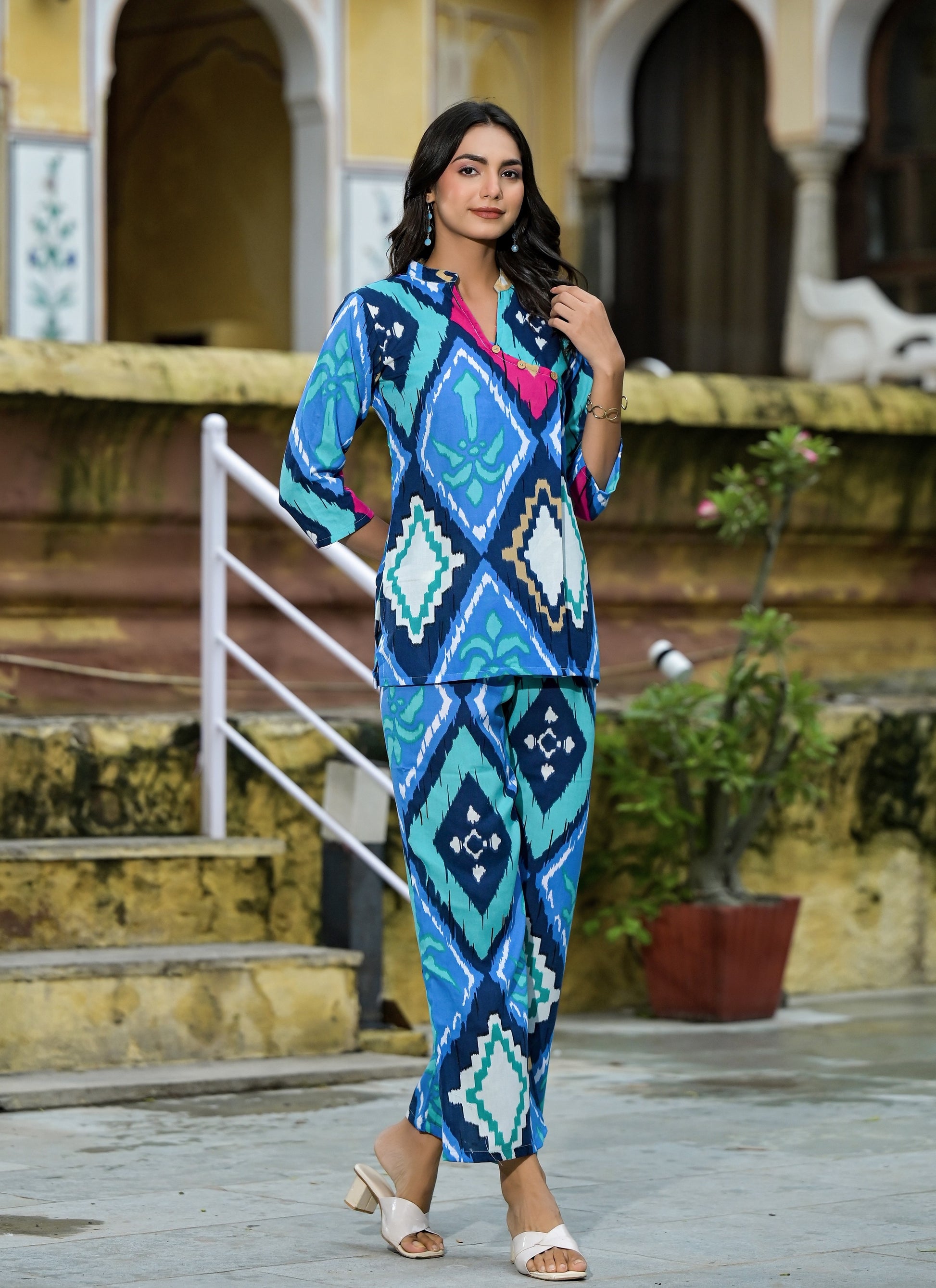 Ethnic Mandarin-Collar Blue Co-ord Set - Ethnic Set