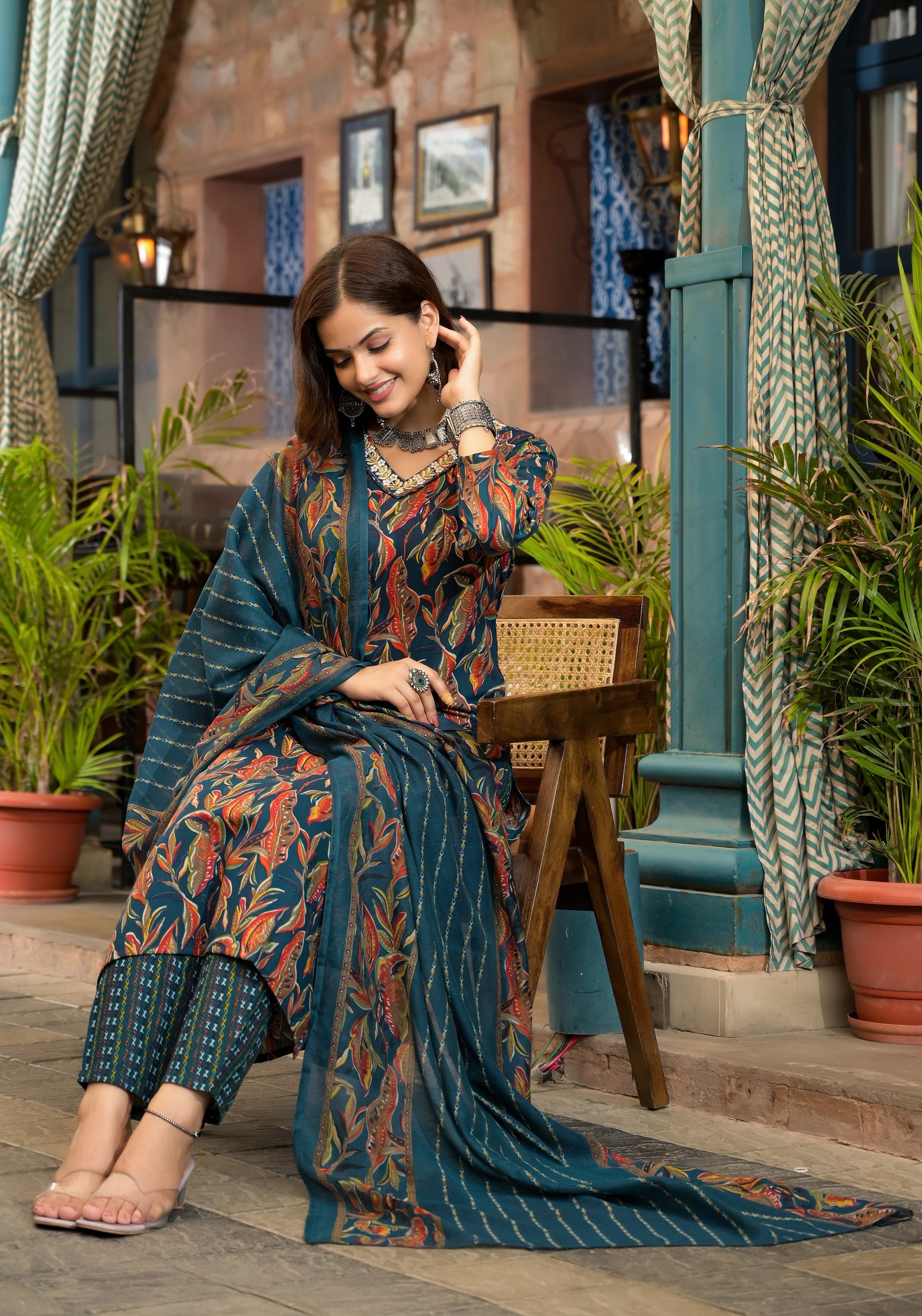 Ethnic Set Women  Embroidery A-Line Kurta and Pant set with Dupatta - Ethnic Set