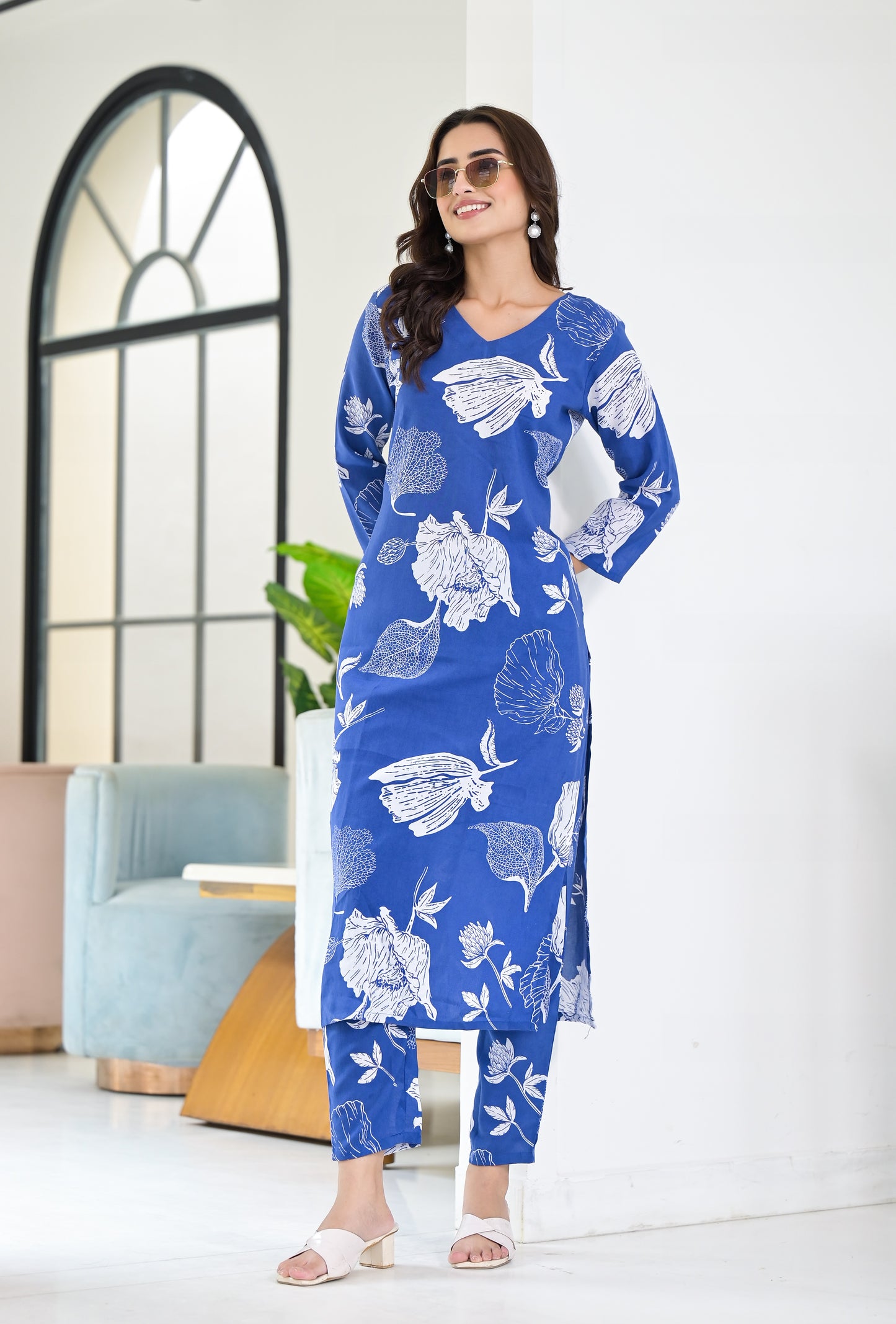 Ethnic Set Floral Printed Blue Co-ord Set - Ethnic Set